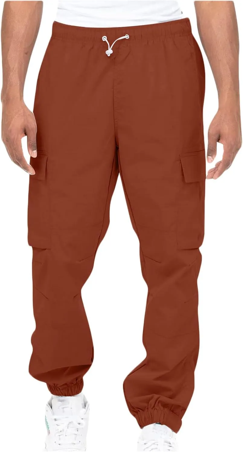 Muscularfit Cotton Pants for Men 2024 Fall Fashion Stretch Waist Multi Pockets Cargo Pants Causal Solid Athletic Sweatpants