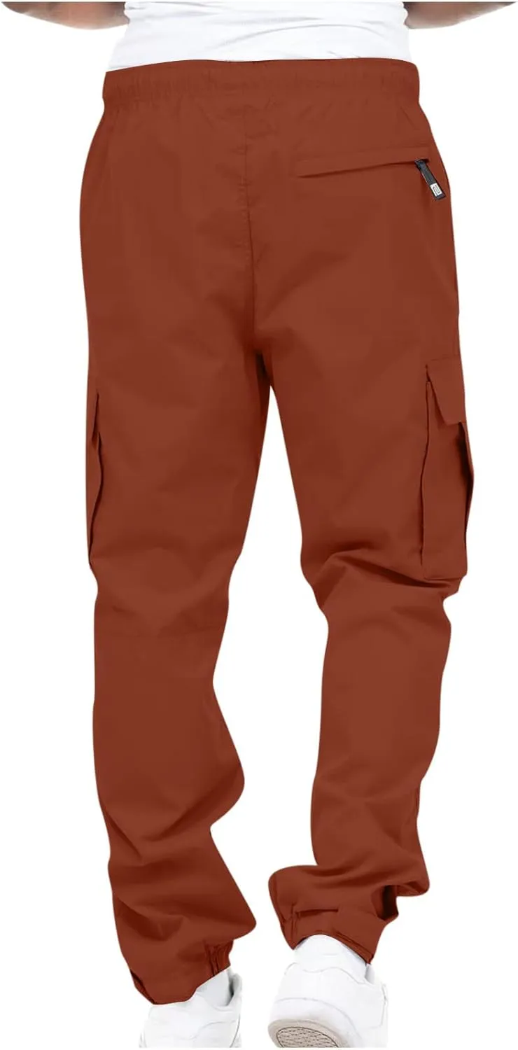 Muscularfit Cotton Pants for Men 2024 Fall Fashion Stretch Waist Multi Pockets Cargo Pants Causal Solid Athletic Sweatpants