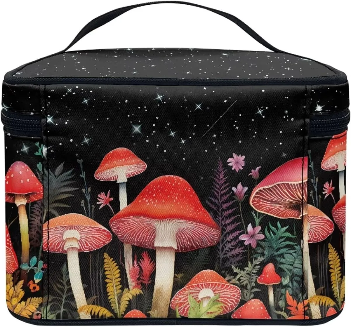 Mushroom Makeup Cosmetic Bag for Women Girls Zipper Toiletry Storage Bag Multi-use Brushes Organizer Case with Handle Easy to Clean for Weekend Getaways, Vacations