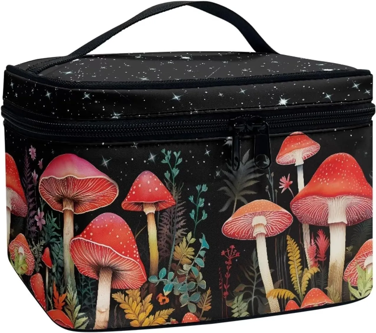 Mushroom Makeup Cosmetic Bag for Women Girls Zipper Toiletry Storage Bag Multi-use Brushes Organizer Case with Handle Easy to Clean for Weekend Getaways, Vacations