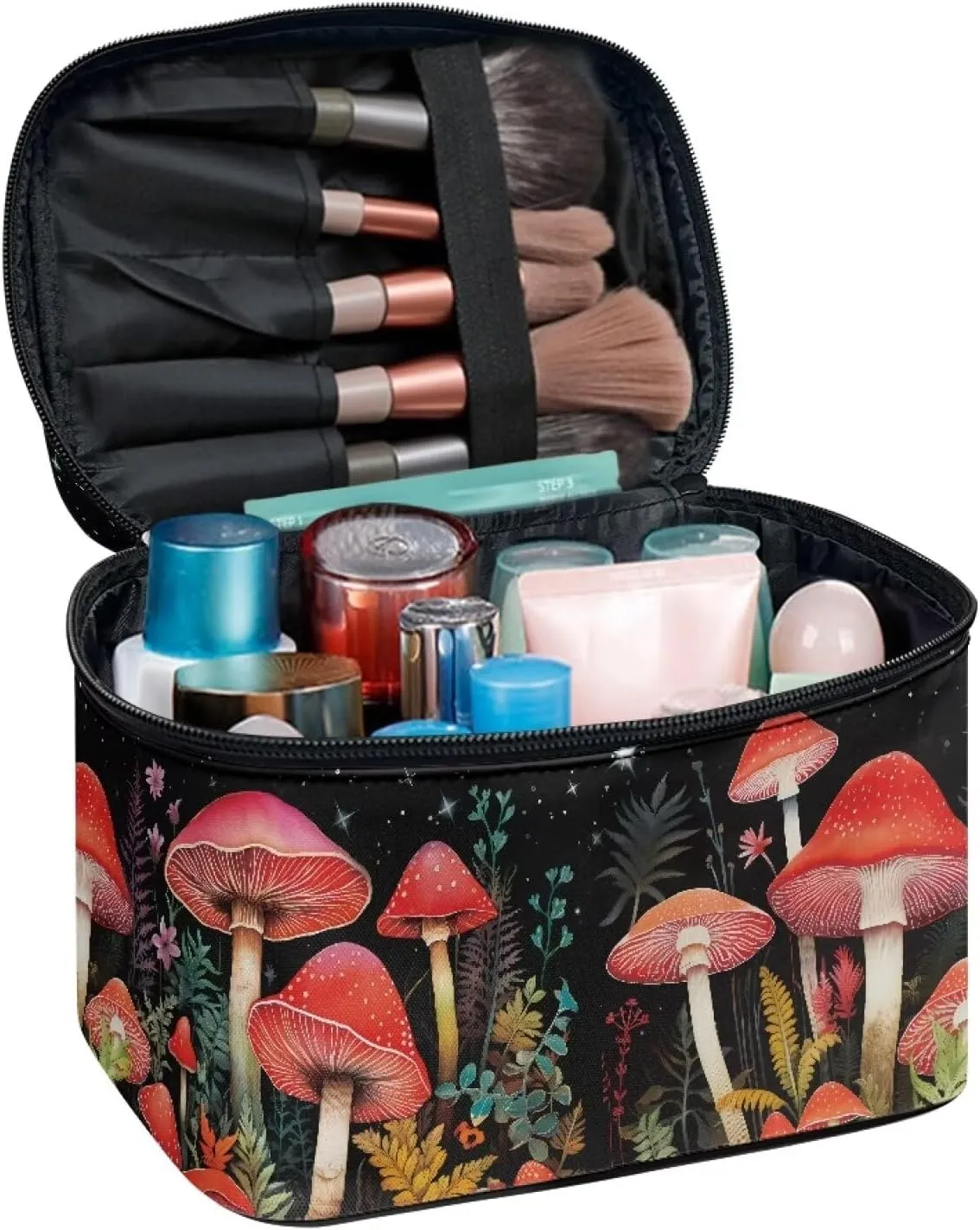 Mushroom Makeup Cosmetic Bag for Women Girls Zipper Toiletry Storage Bag Multi-use Brushes Organizer Case with Handle Easy to Clean for Weekend Getaways, Vacations