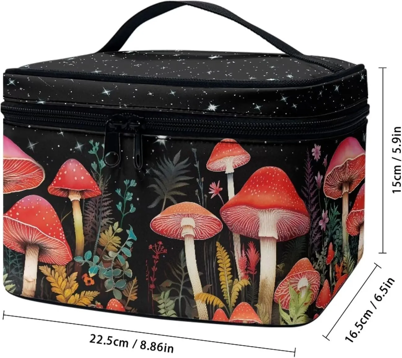 Mushroom Makeup Cosmetic Bag for Women Girls Zipper Toiletry Storage Bag Multi-use Brushes Organizer Case with Handle Easy to Clean for Weekend Getaways, Vacations