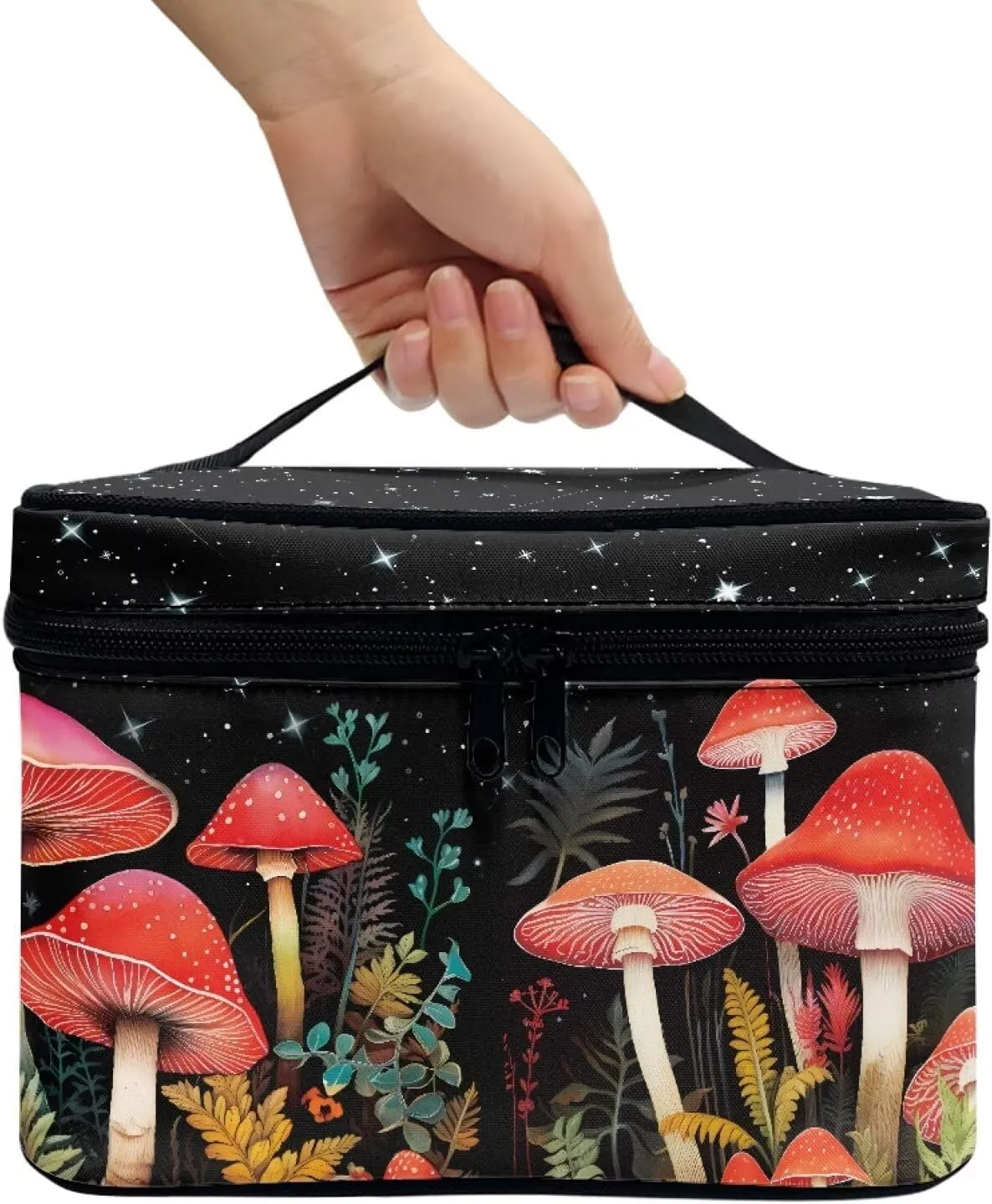 Mushroom Makeup Cosmetic Bag for Women Girls Zipper Toiletry Storage Bag Multi-use Brushes Organizer Case with Handle Easy to Clean for Weekend Getaways, Vacations