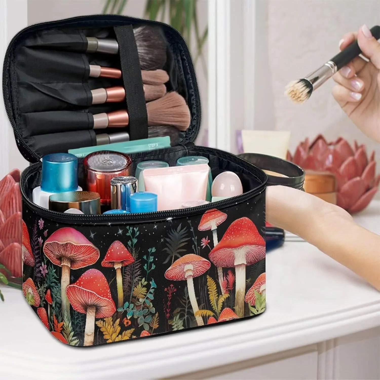 Mushroom Makeup Cosmetic Bag for Women Girls Zipper Toiletry Storage Bag Multi-use Brushes Organizer Case with Handle Easy to Clean for Weekend Getaways, Vacations