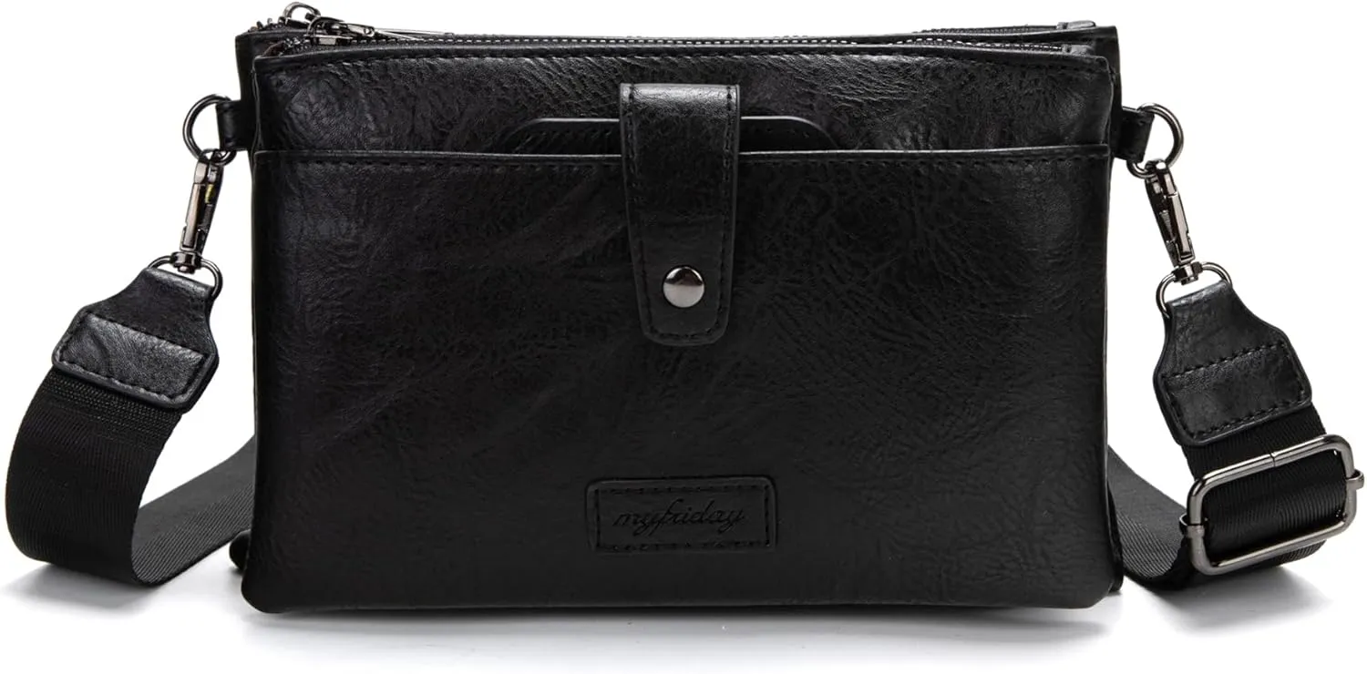myfriday Vintage Leather Camera Crossbody Bag for Women, Stylish Two Layer Shoulder Bag Purse with Removable Card Slots