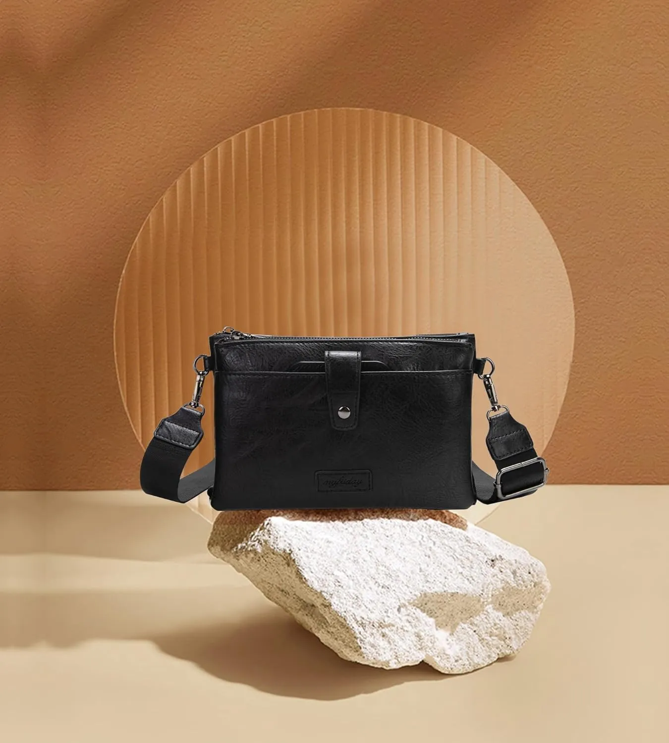 myfriday Vintage Leather Camera Crossbody Bag for Women, Stylish Two Layer Shoulder Bag Purse with Removable Card Slots