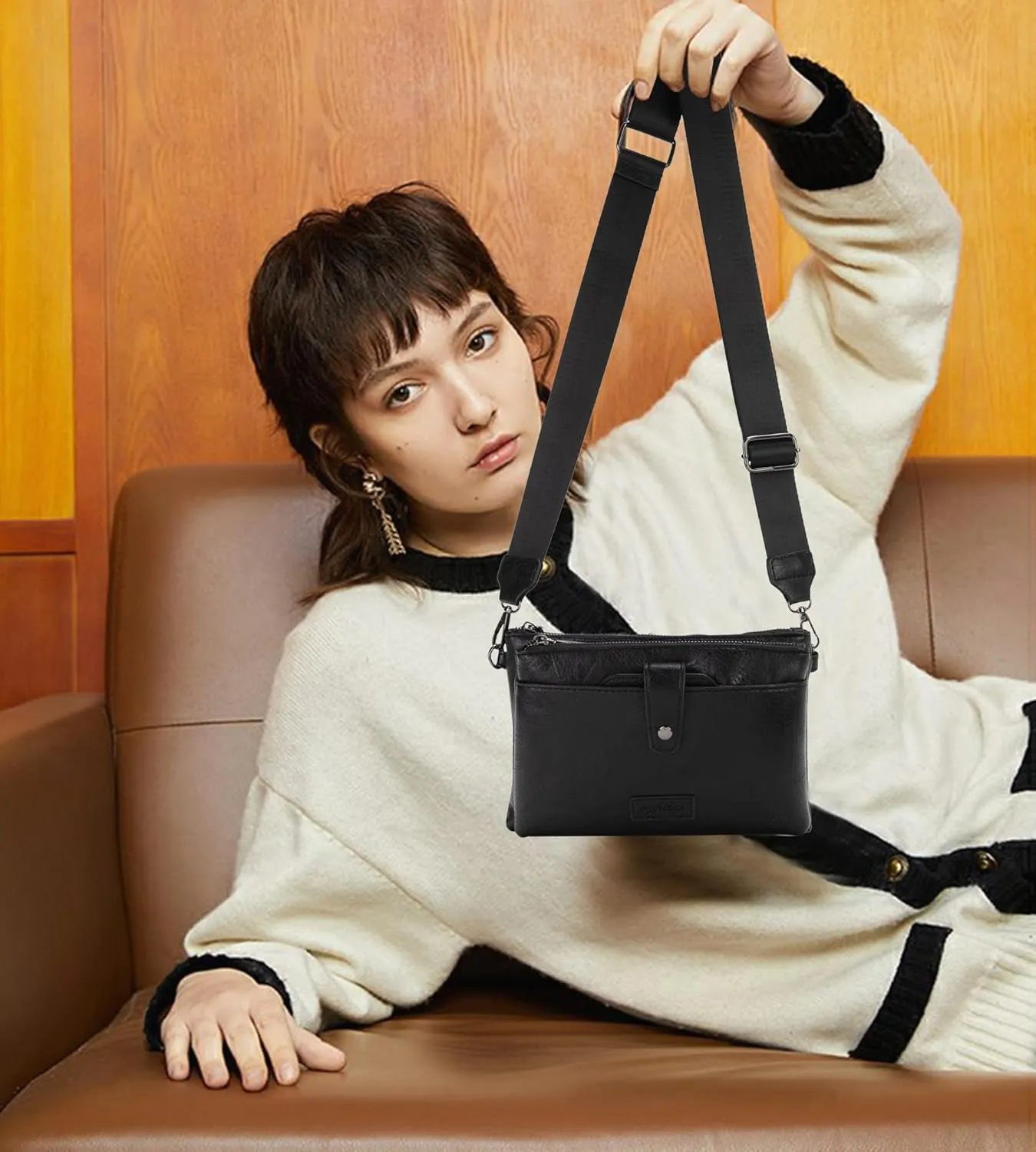 myfriday Vintage Leather Camera Crossbody Bag for Women, Stylish Two Layer Shoulder Bag Purse with Removable Card Slots