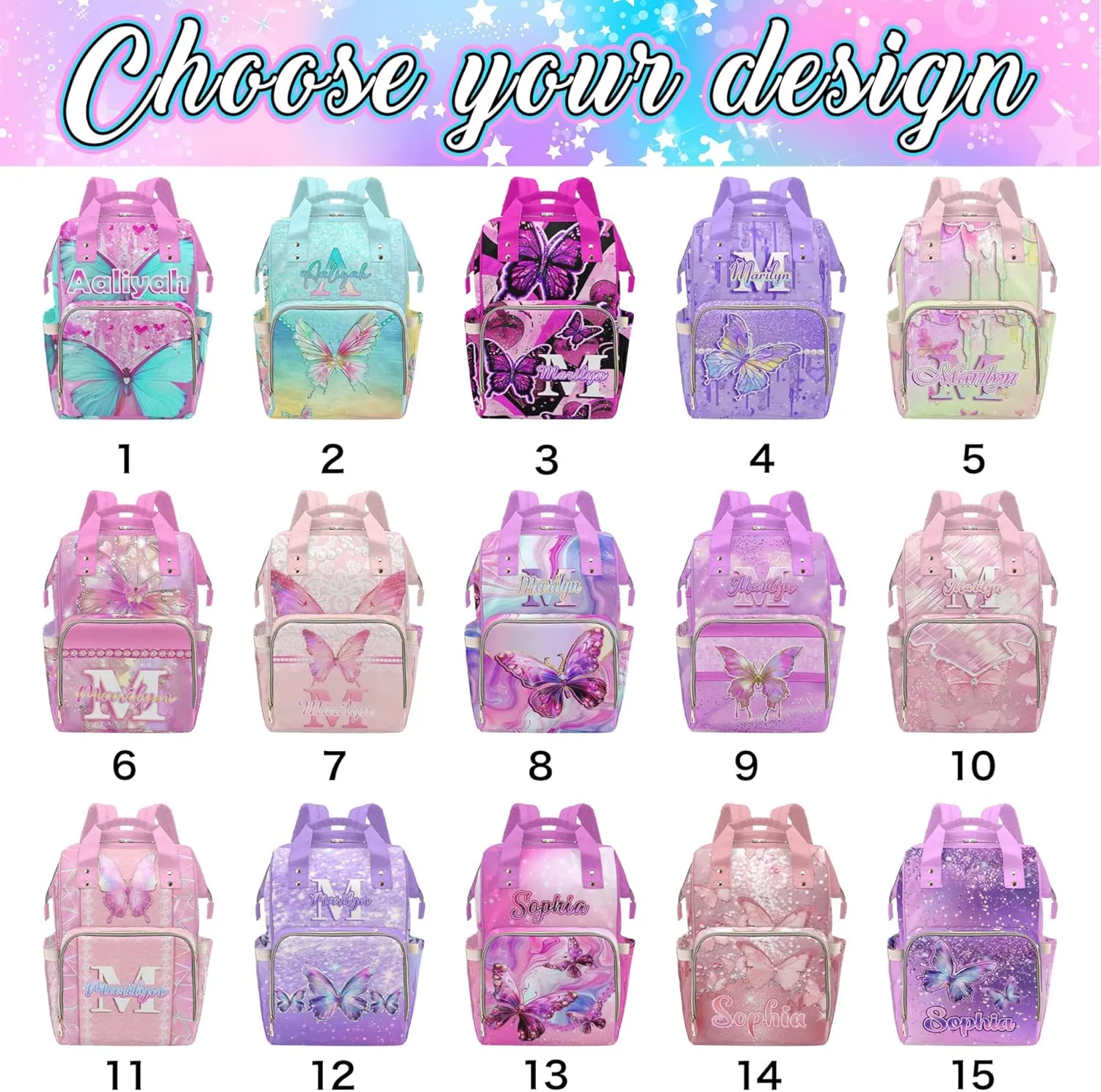 MyPupSocks Custom Butterfly Diaper Bag, Customized Diaper Backpack Personalized Mummy Nursing Baby Bags Casual Daypack Travel Bag for Mom Mother's Day