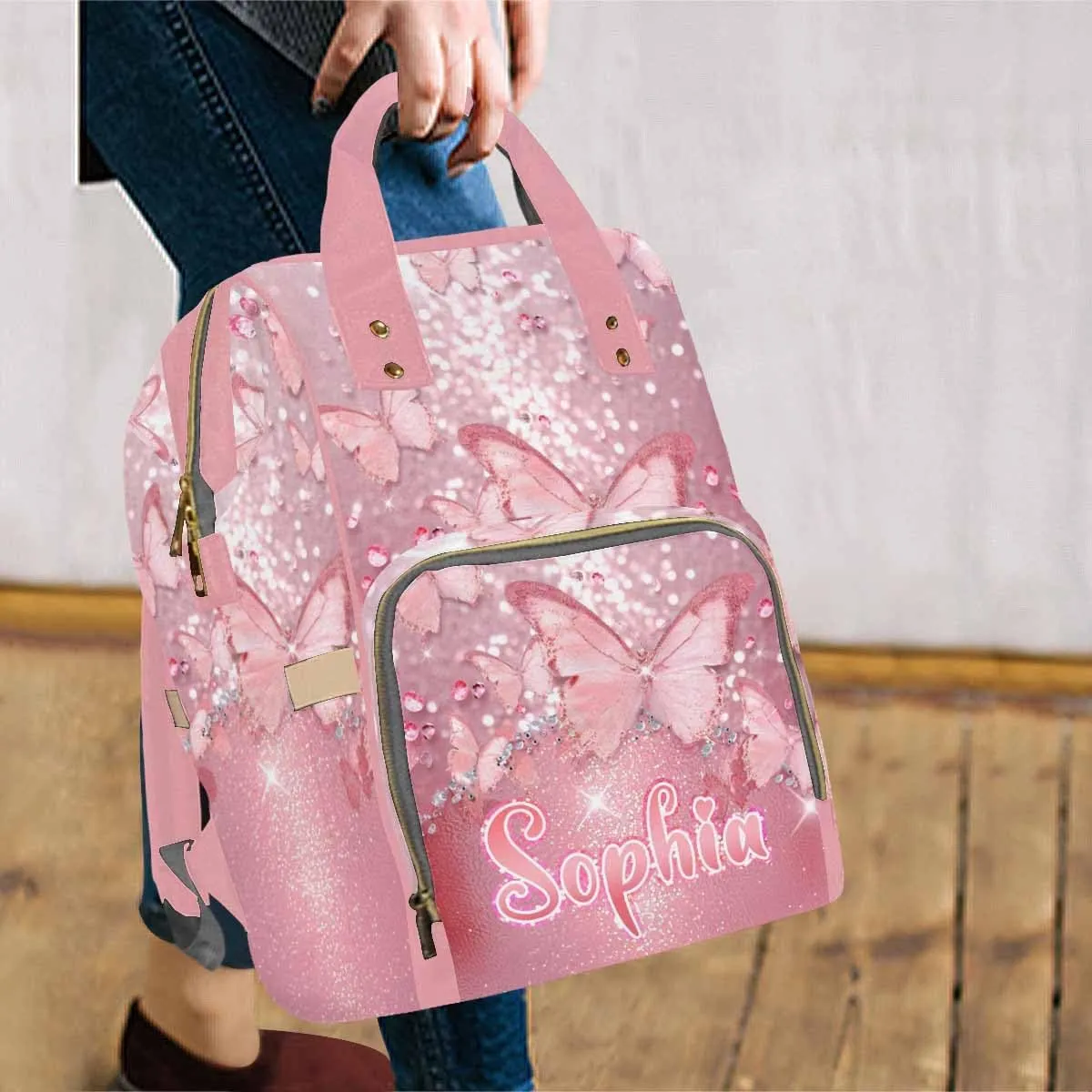 MyPupSocks Custom Butterfly Diaper Bag, Customized Diaper Backpack Personalized Mummy Nursing Baby Bags Casual Daypack Travel Bag for Mom Mother's Day