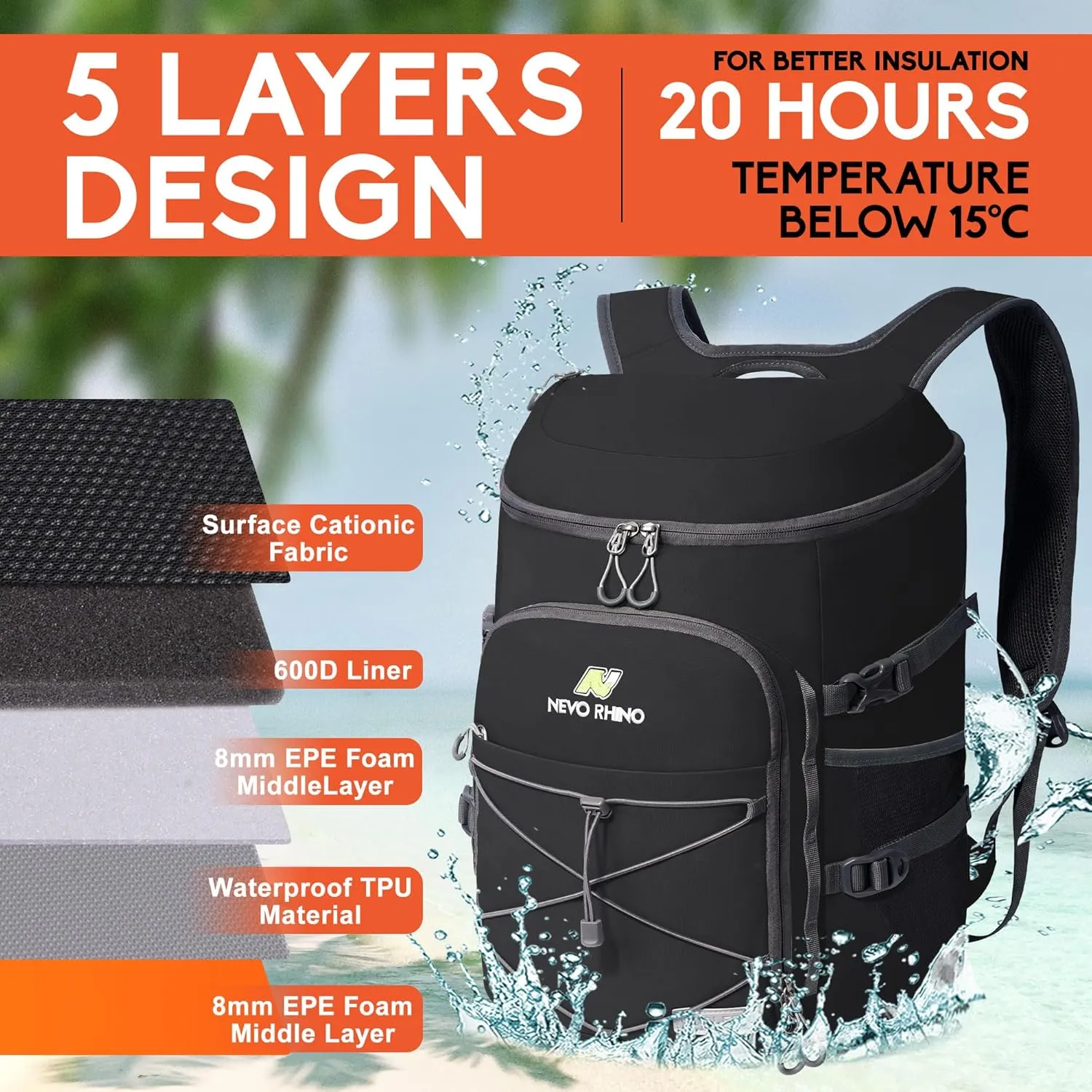 N NEVO RHINO Insulated Backpack Cooler - 36/54 Can Capacity, Waterproof Leak-Proof Lightweight Multi-Functional & Spacious， Ideal for Camping, Travel, Beach, Picnics， Lunch & Day Trips