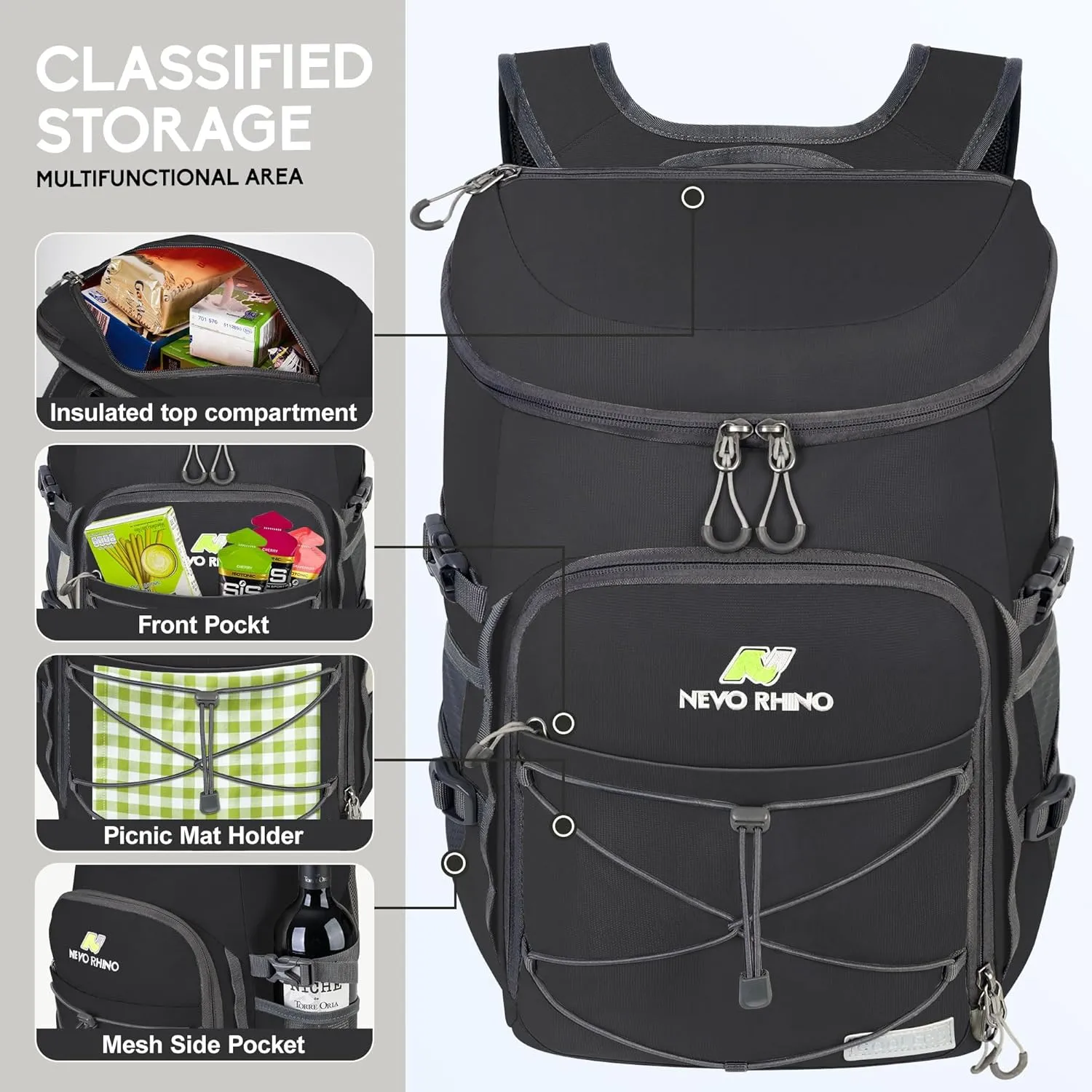 N NEVO RHINO Insulated Backpack Cooler - 36/54 Can Capacity, Waterproof Leak-Proof Lightweight Multi-Functional & Spacious， Ideal for Camping, Travel, Beach, Picnics， Lunch & Day Trips