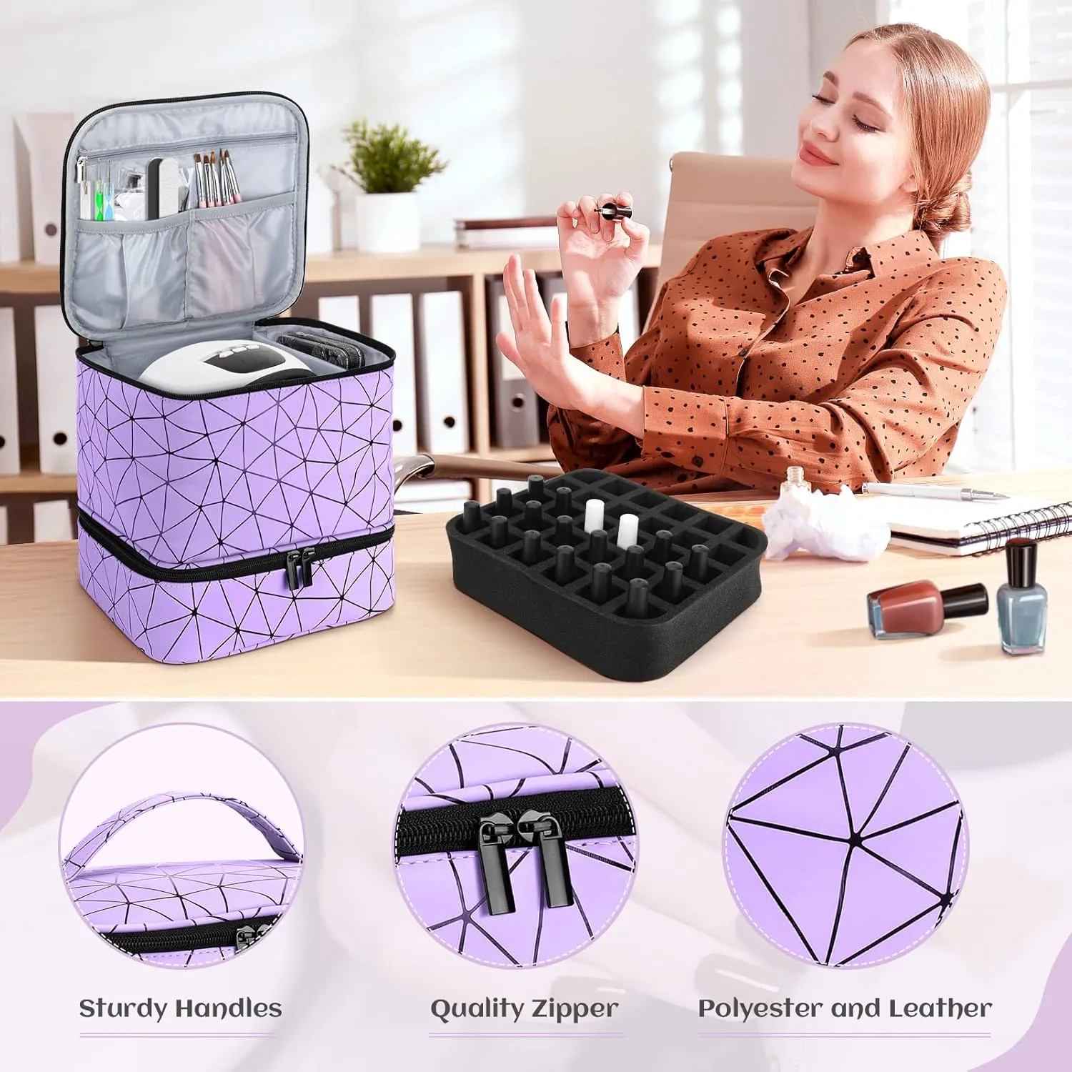Nail Polish Organizer Case, Fingernail Polish Travel Organizer with Handle, Holds 30 Bottles, 1 Led Nail Lamp Nail Art Supplies, Double Layer Nail Polish Carrying Case With Detachable Interior