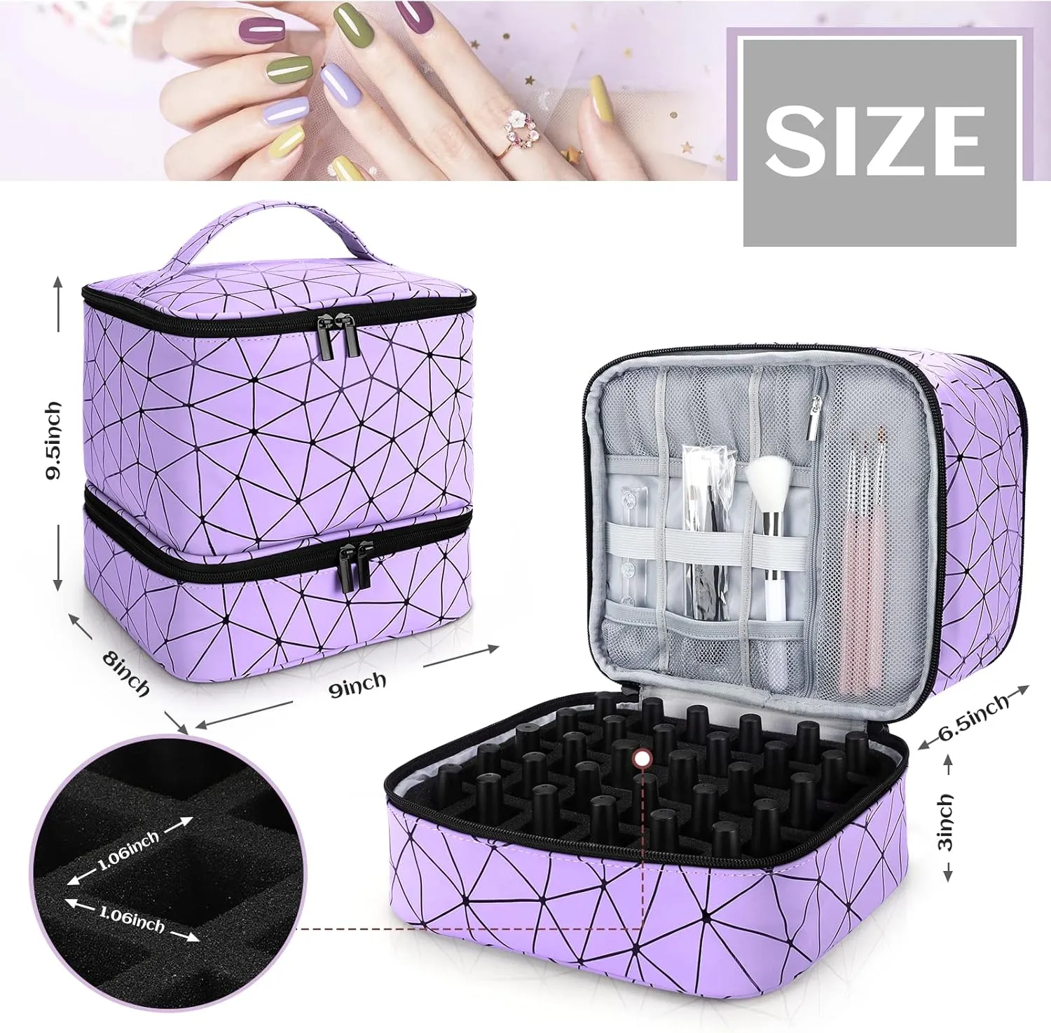 Nail Polish Organizer Case, Fingernail Polish Travel Organizer with Handle, Holds 30 Bottles, 1 Led Nail Lamp Nail Art Supplies, Double Layer Nail Polish Carrying Case With Detachable Interior