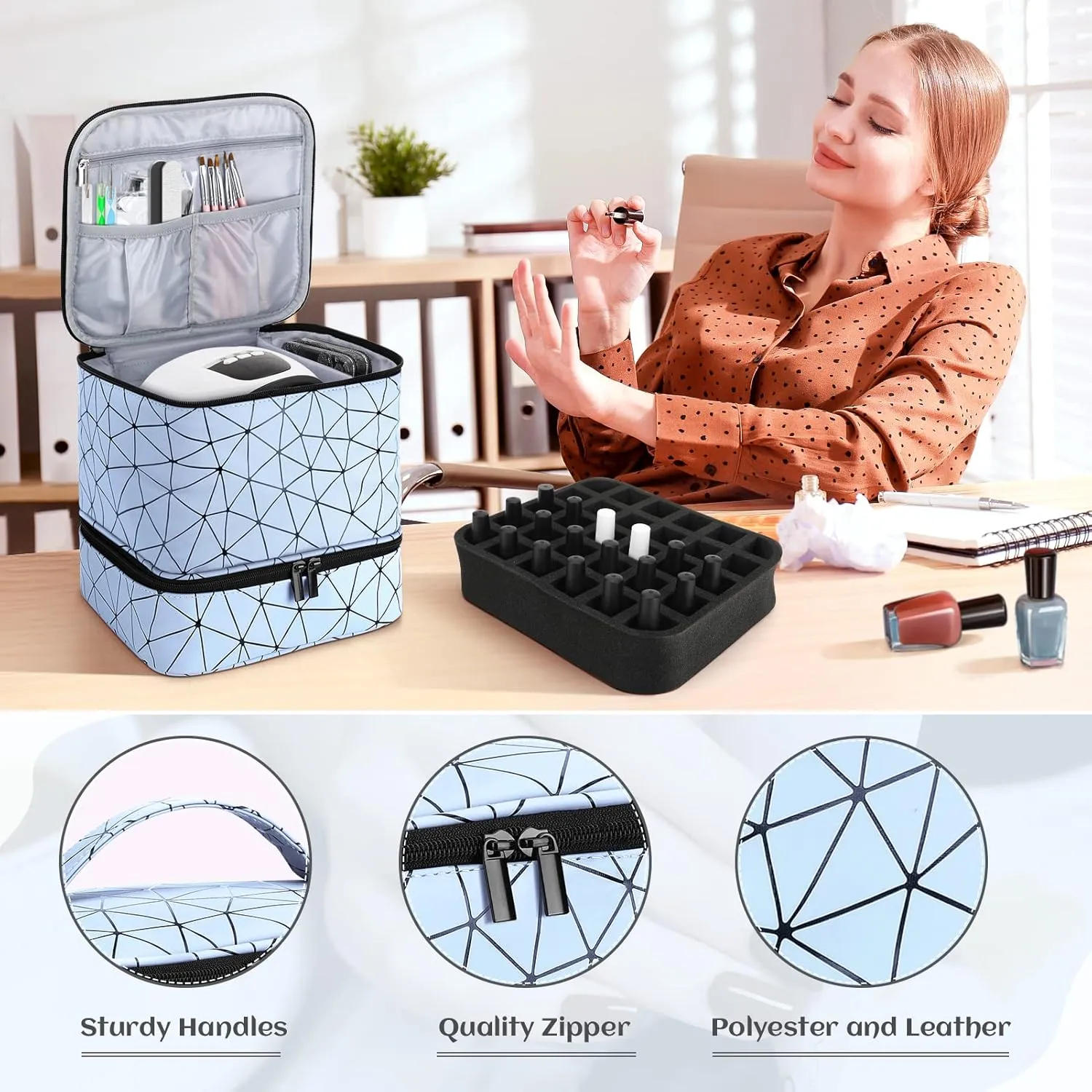 Nail Polish Organizer Case,Fingernail Polish Travel Organizer with Handle, Holds 30 Bottles,1 Led Nail Lamp & Nail Art Supplies,Double Layer Nail Polish Carrying Case with Detachable Interior(Blue)
