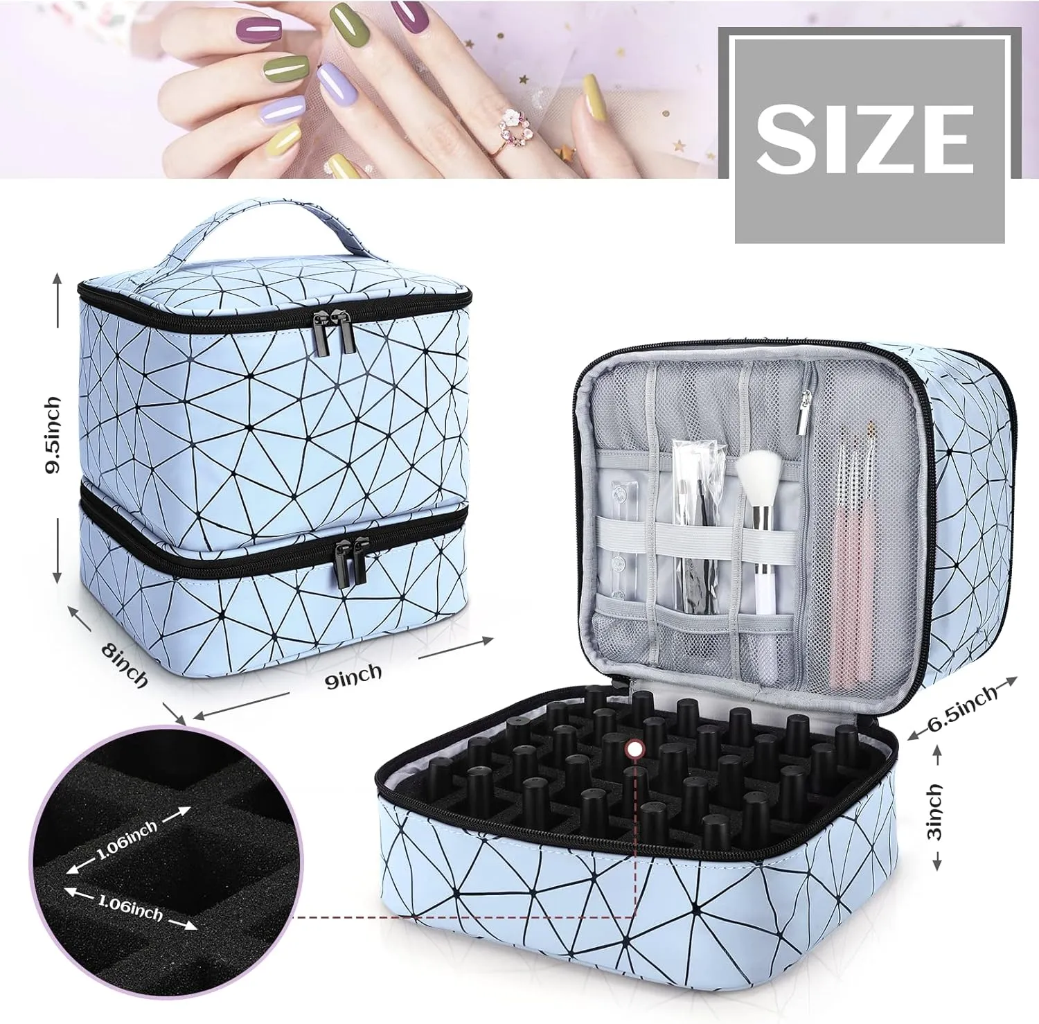 Nail Polish Organizer Case,Fingernail Polish Travel Organizer with Handle, Holds 30 Bottles,1 Led Nail Lamp & Nail Art Supplies,Double Layer Nail Polish Carrying Case with Detachable Interior(Blue)