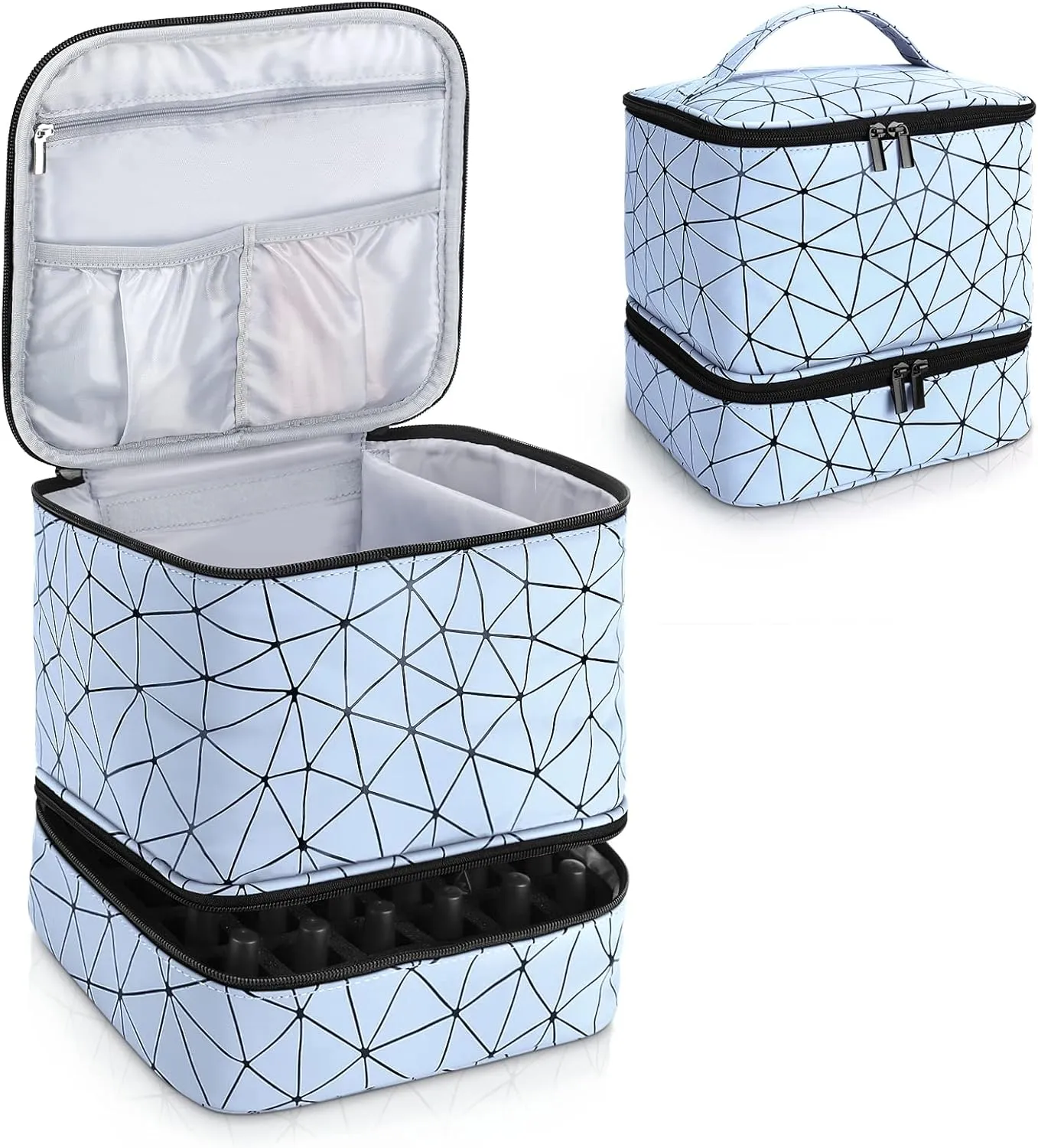 Nail Polish Organizer Case,Fingernail Polish Travel Organizer with Handle, Holds 30 Bottles,1 Led Nail Lamp & Nail Art Supplies,Double Layer Nail Polish Carrying Case with Detachable Interior(Blue)