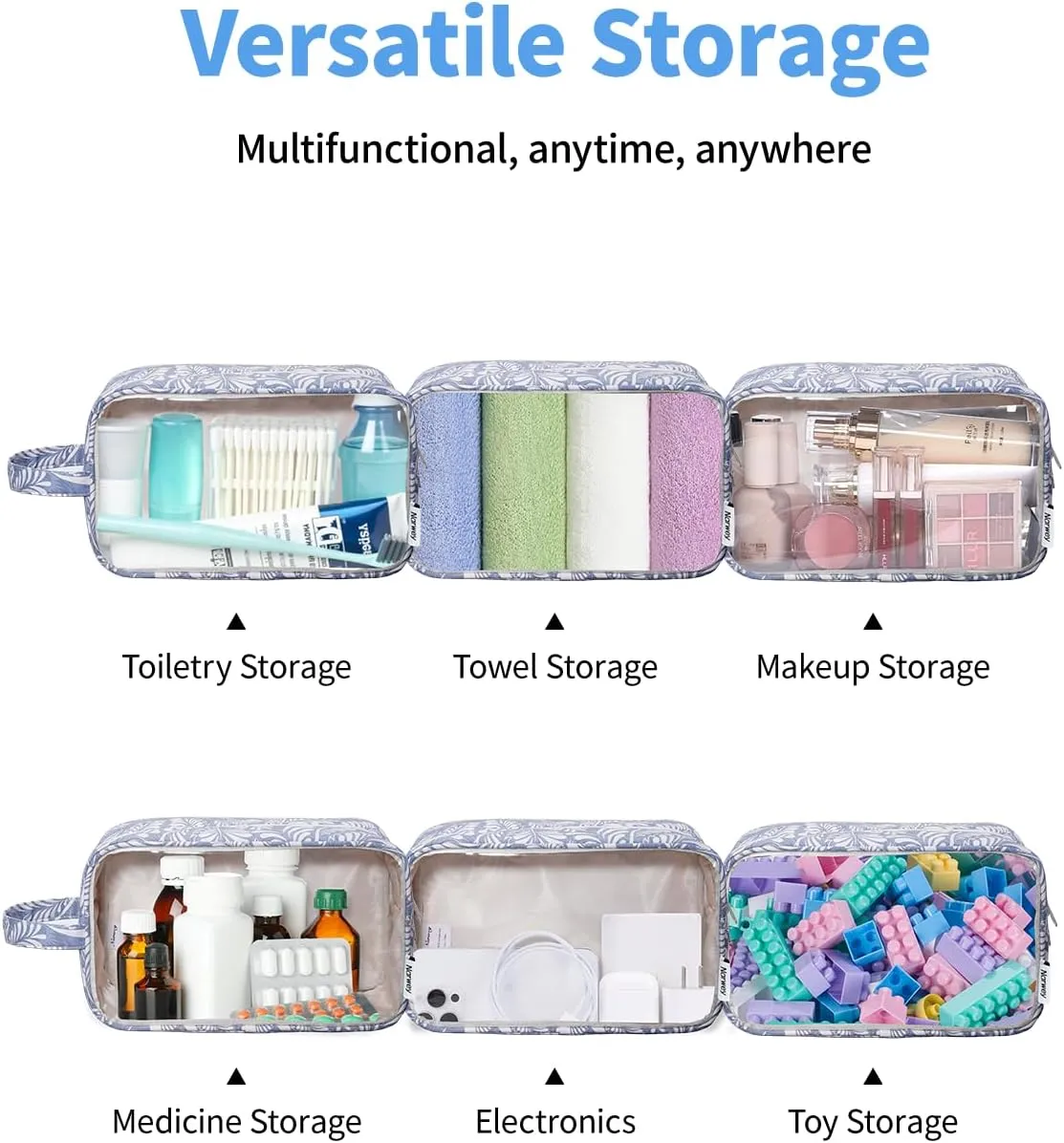 Narwey Clear Makeup Bag Cosmetic Bag with Zipper for Travel, Clear Toiletry Bags for Traveling Toiletries Women Men, Make Up Pouch with Handle, Skincare Bag (Blue Leaf)