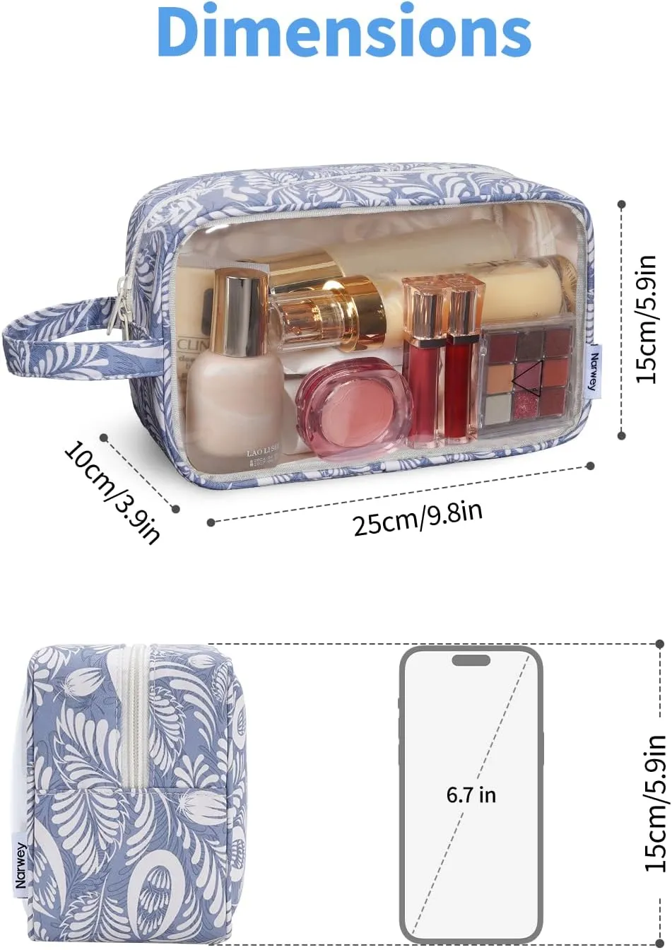 Narwey Clear Makeup Bag Cosmetic Bag with Zipper for Travel, Clear Toiletry Bags for Traveling Toiletries Women Men, Make Up Pouch with Handle, Skincare Bag (Blue Leaf)