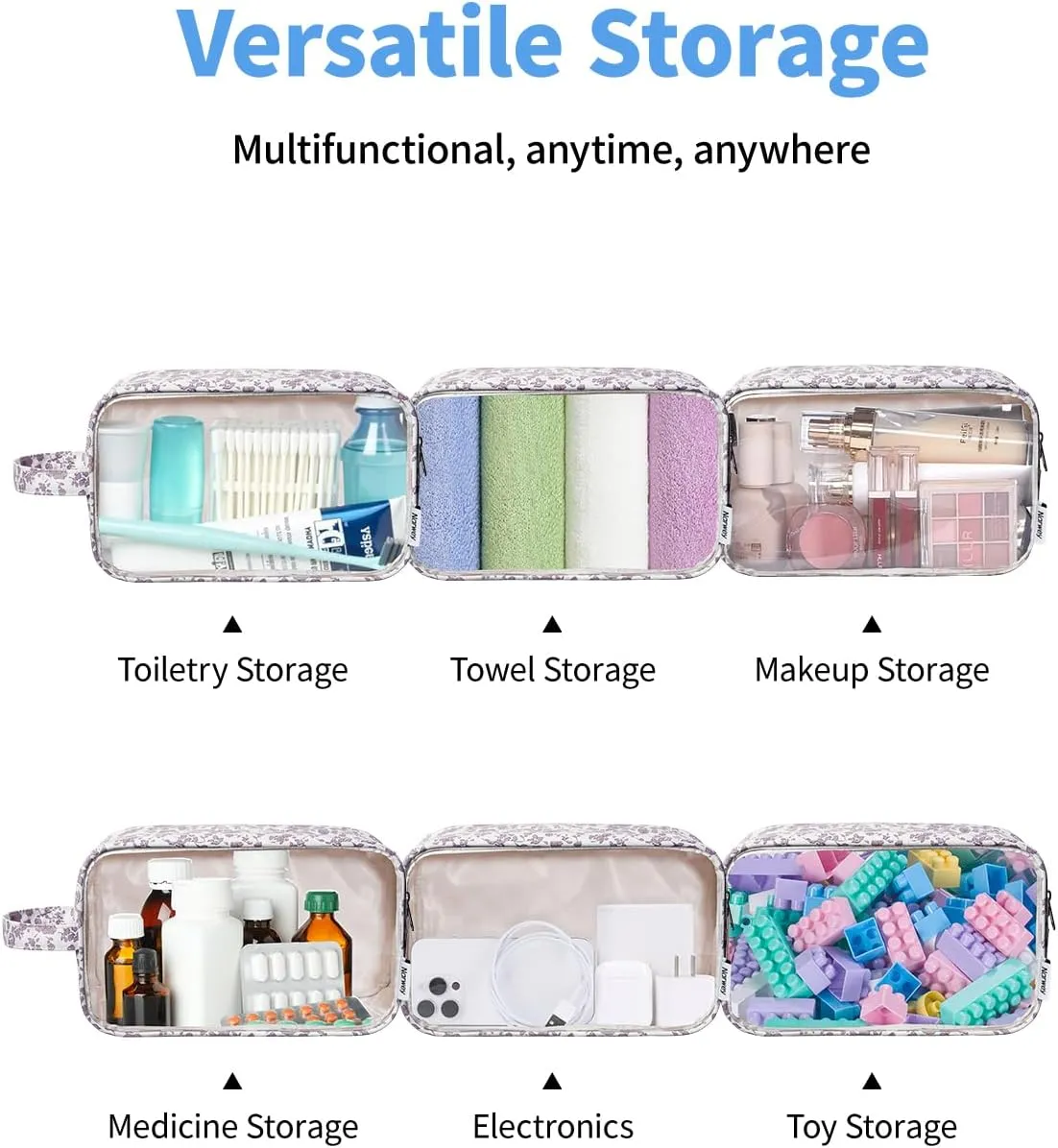 Narwey Clear Makeup Bag Cosmetic Bag with Zipper for Travel, Clear Toiletry Bags for Traveling Toiletries Women Men, Make Up Pouch with Handle, Skincare Bag (Little Dusty Pink Flower)
