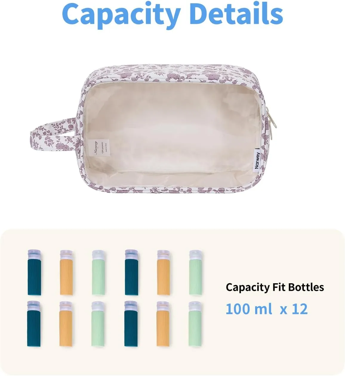Narwey Clear Makeup Bag Cosmetic Bag with Zipper for Travel, Clear Toiletry Bags for Traveling Toiletries Women Men, Make Up Pouch with Handle, Skincare Bag (Little Dusty Pink Flower)
