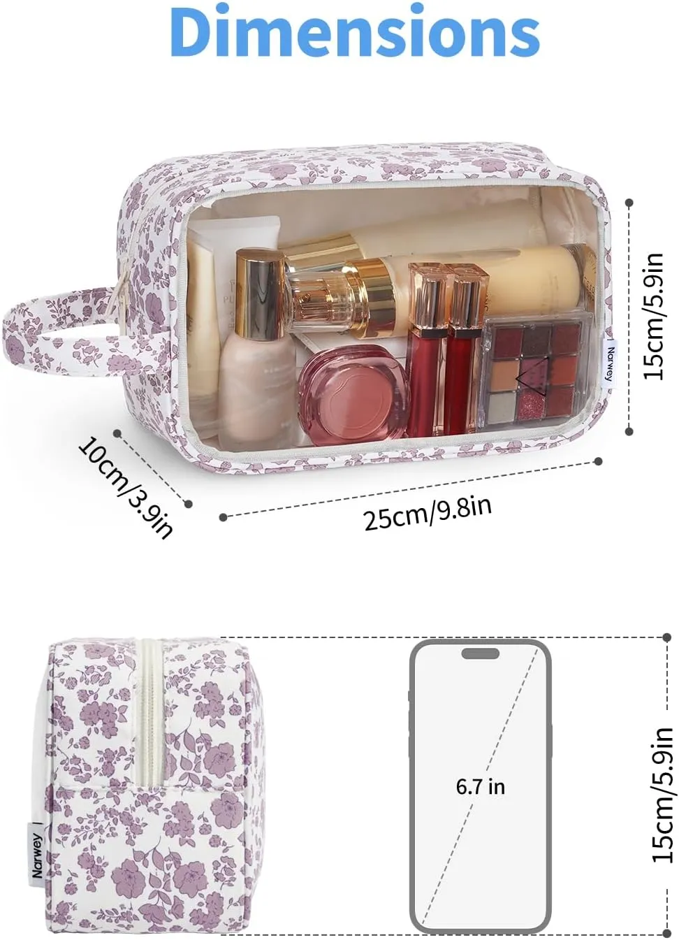 Narwey Clear Makeup Bag Cosmetic Bag with Zipper for Travel, Clear Toiletry Bags for Traveling Toiletries Women Men, Make Up Pouch with Handle, Skincare Bag (Little Dusty Pink Flower)
