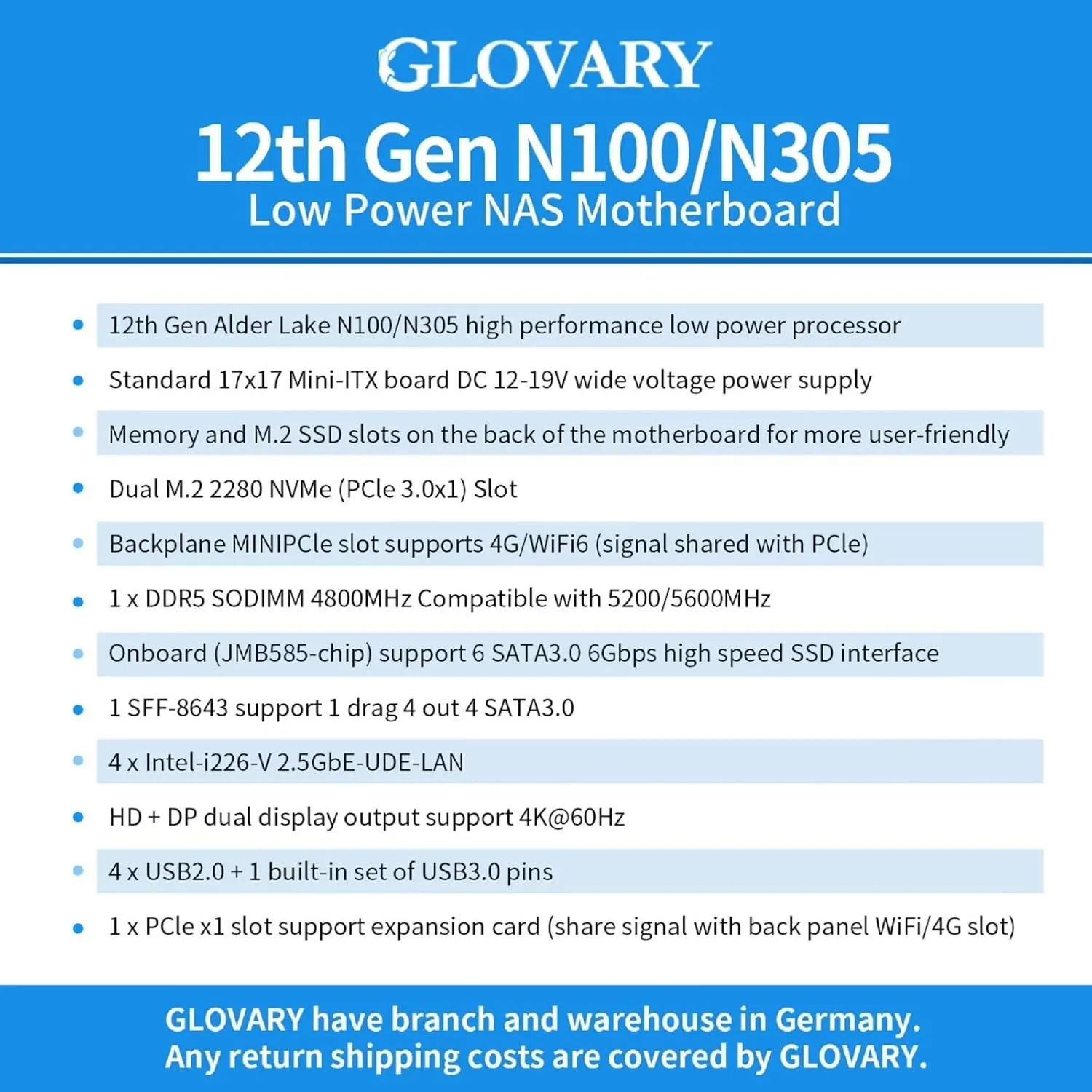 NAS Mainboard Quad Core N100, Glovary Mini-ITX NAS Motherboard, 4 x i226V 2.5GbE LAN, Barebone, DDR5, PCIe3.0, Support 6 x SATA3.0 6Gbps