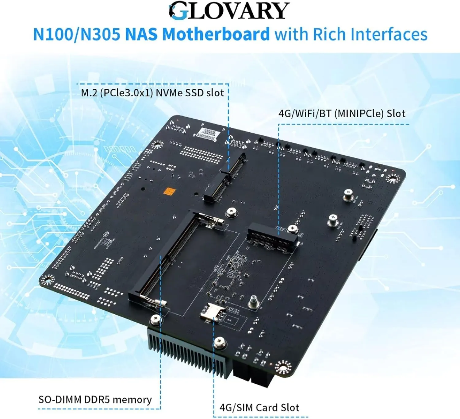 NAS Mainboard Quad Core N100, Glovary Mini-ITX NAS Motherboard, 4 x i226V 2.5GbE LAN, Barebone, DDR5, PCIe3.0, Support 6 x SATA3.0 6Gbps