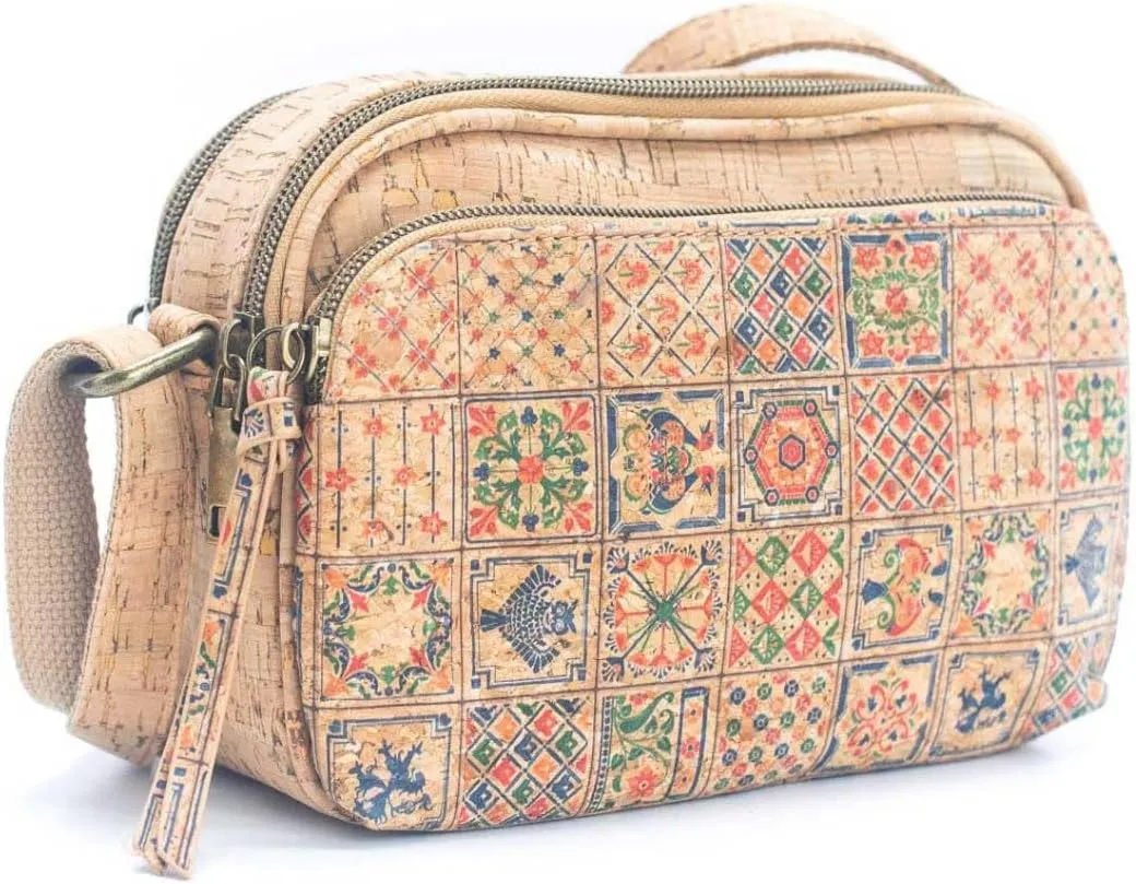 Natural Cork Crossbody Bag for Women, Portuguese Tile Pattern, 8 x 5.5 x 3 inches, Adjustable Strap