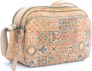Natural Cork Crossbody Bag for Women, Portuguese Tile Pattern, 8 x 5.5 x 3 inches, Adjustable Strap
