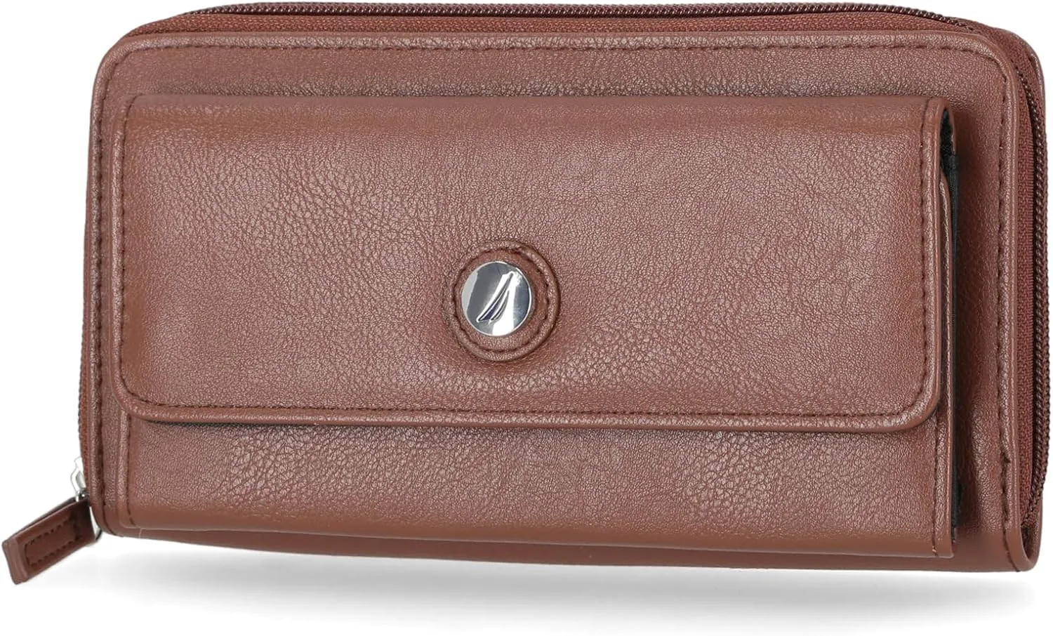 Nautica Womens, Bulk Cargo Vegan Leather RFID Wallet, Fashionable Zip Around Large Clutch with Phone Case and Multi Card Organizer, Earth