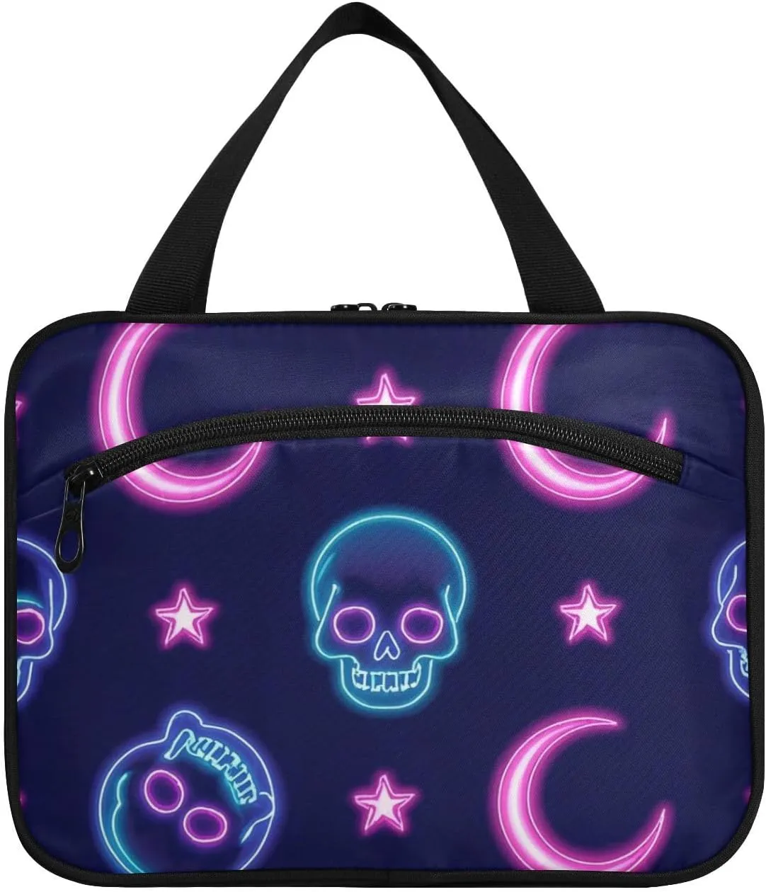 Neon Colored Stars Moons and Skeletons hanging cosmetic travel bags with hook, designer essentials waterproof toiletry bag for travel must haves cruises maletín para maquillaje L