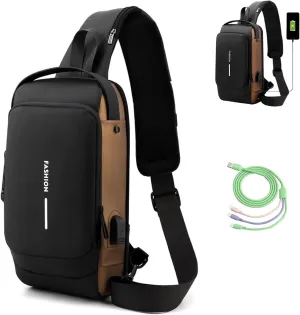 New Carbon Fiber Streamline Anti Theft Sling Bag for Women Men, Sling Backpack USB Waterproof Chest Daypack for Travel/Sport (Gold)