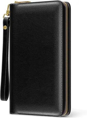 Nipichsha Womens Wallet, RFID Wristlet Wallet for Women, Cute Ladies Purse, Large Credit Card Clutch Purse, Leather Card Holder Wallets with Zipper & Phone Holder, Black