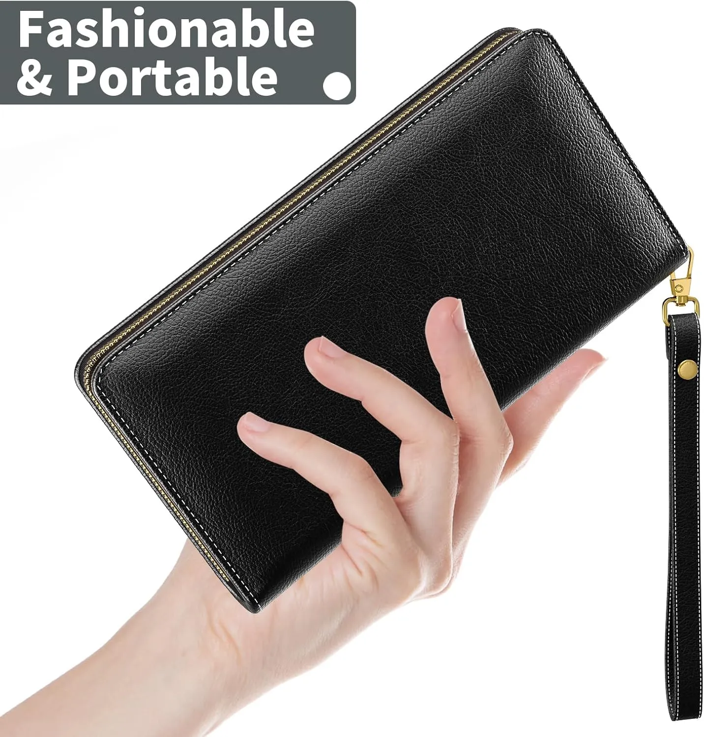 Nipichsha Womens Wallet, RFID Wristlet Wallet for Women, Cute Ladies Purse, Large Credit Card Clutch Purse, Leather Card Holder Wallets with Zipper & Phone Holder, Black