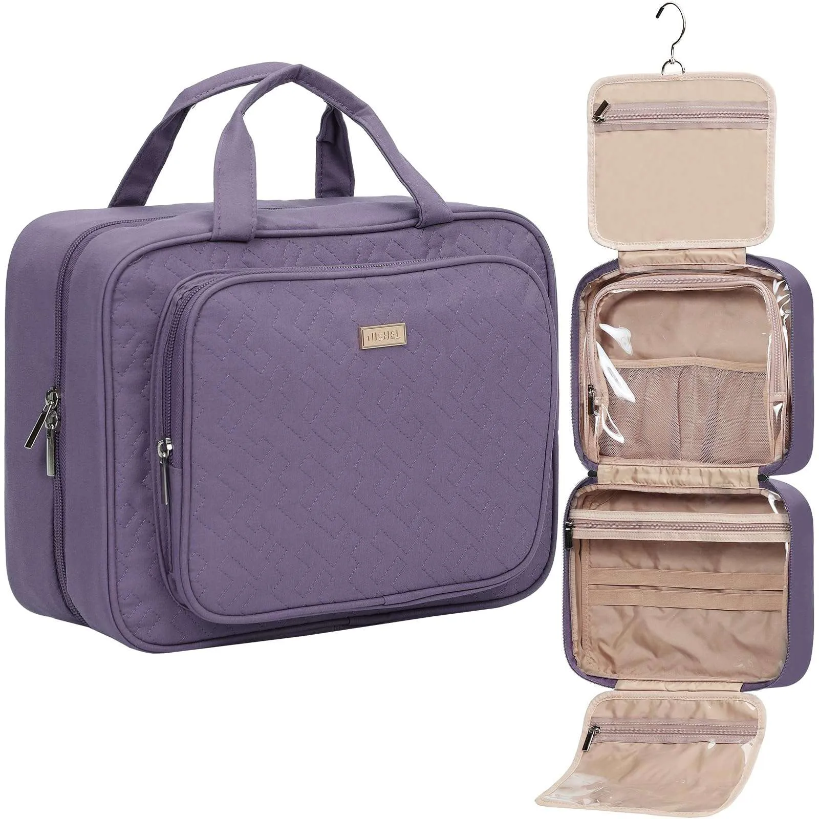 NISHEL Travel Toiletry Bag for Women Large Capacity, Makeup Essentials Organizer, Hanging Case for Accessories, Cosmetics, Purple