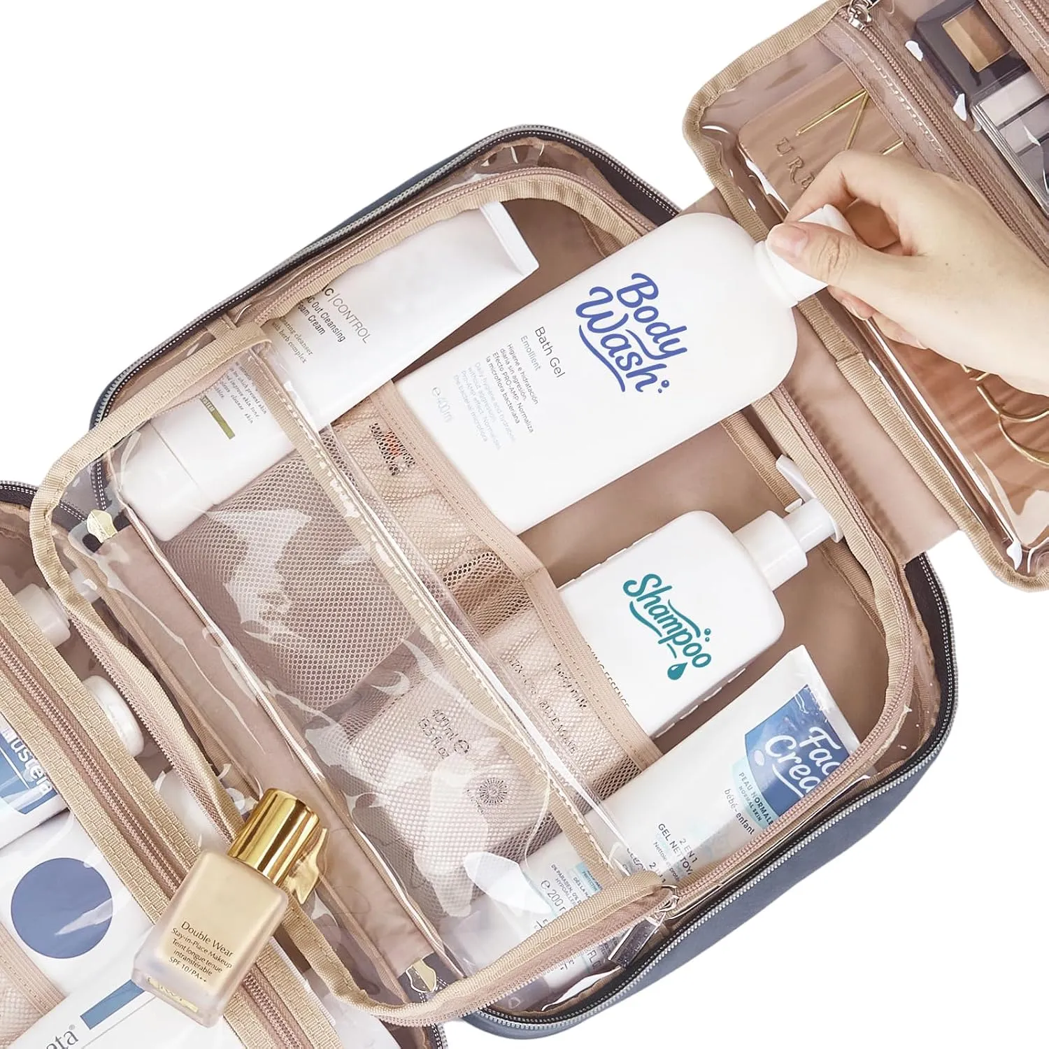 NISHEL Travel Toiletry Bag for women, Portable Hanging Organizer for Full-Sized Shampoo, Conditioner, Brushes Set, Makeup Accessories, Large Size, Aegean-Blue