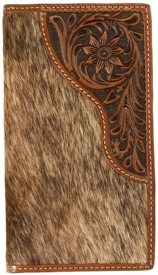 Nocona Rodeo Calf Hair Tooled Tab Wallet, Brown, N500045502