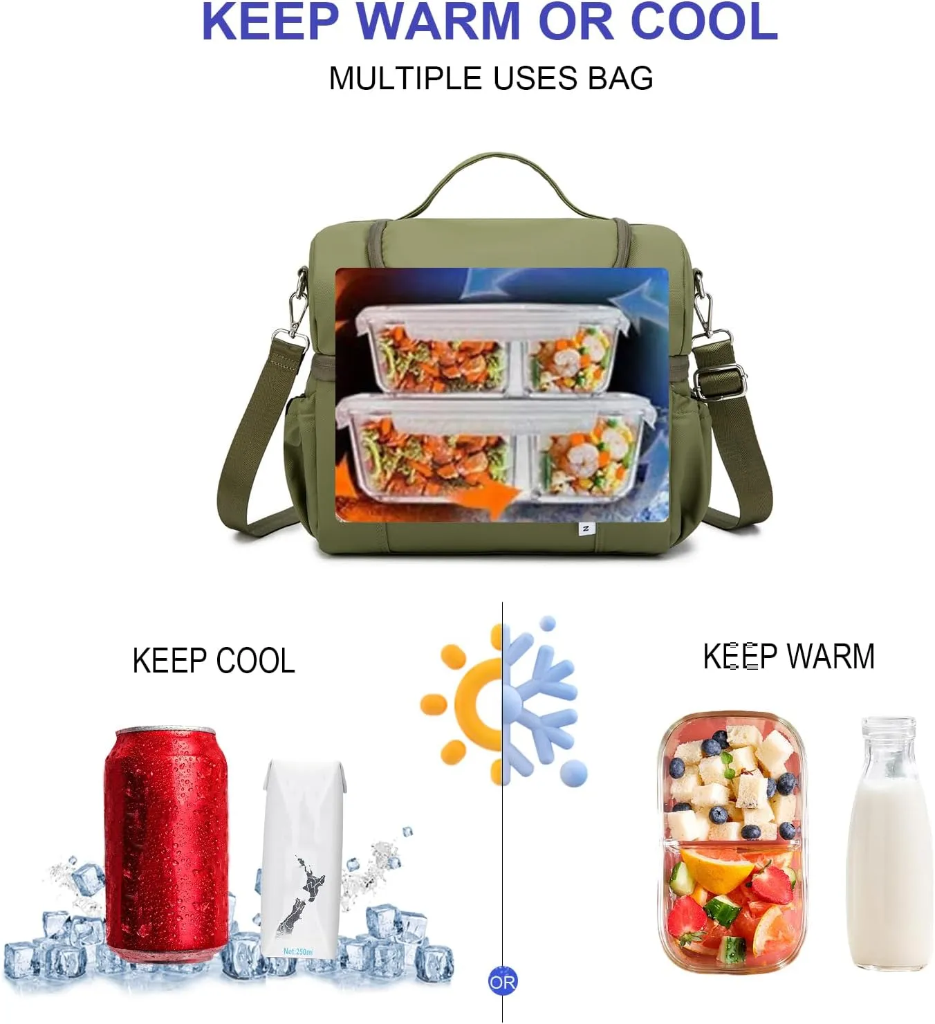 NOL Natural Organic Lifestyle Adult Lunch Box Insulated Lunch Bag Large Dual Compartment Lunch Bag Coolers Lightweight Nylon Waterproof Lunch Box for Work, Picnic, Travel, Outdoors, Amy green