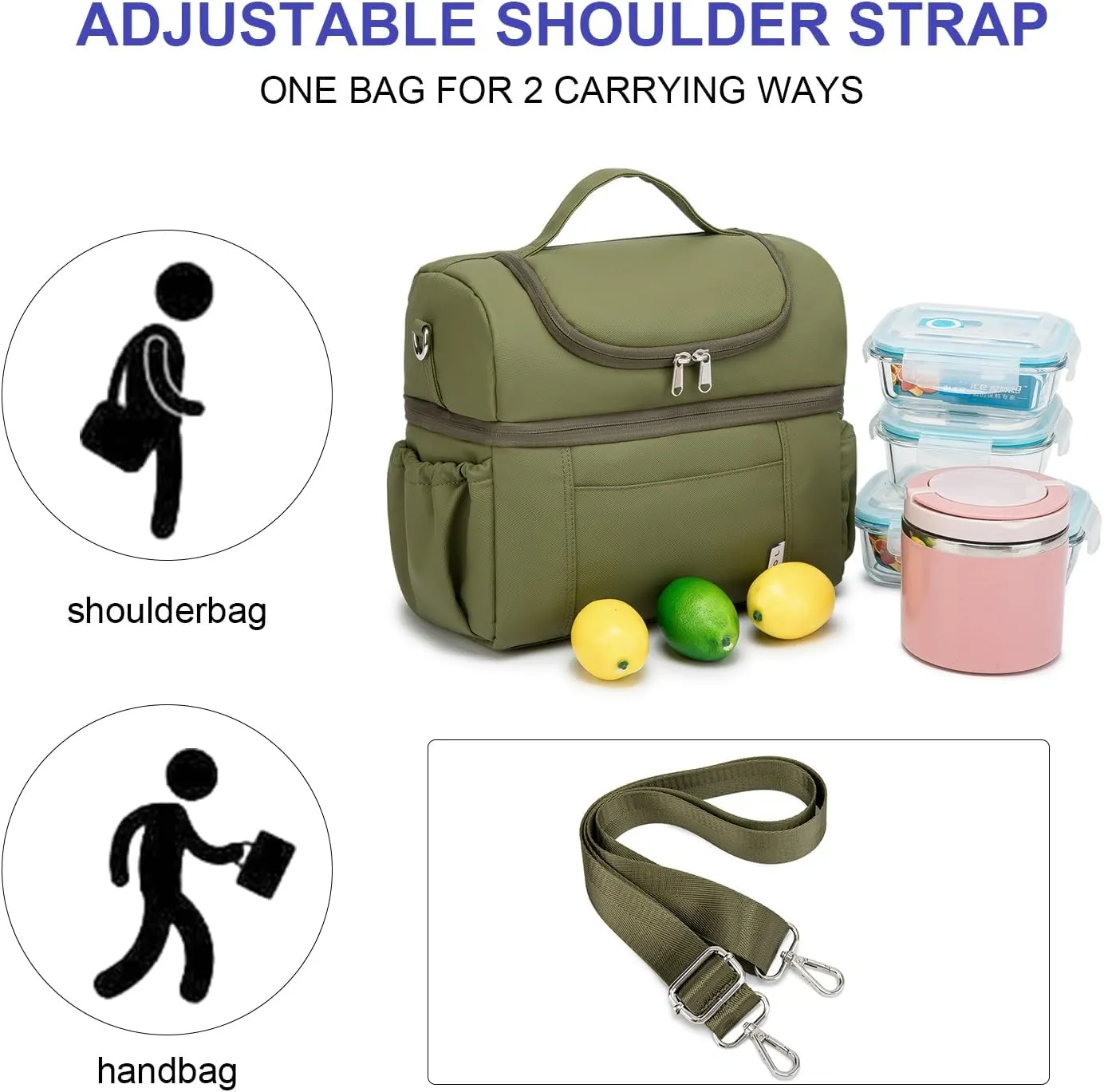 NOL Natural Organic Lifestyle Adult Lunch Box Insulated Lunch Bag Large Dual Compartment Lunch Bag Coolers Lightweight Nylon Waterproof Lunch Box for Work, Picnic, Travel, Outdoors, Amy green