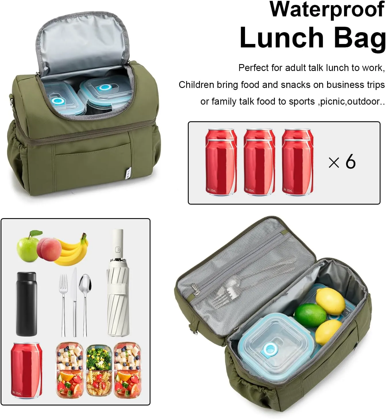NOL Natural Organic Lifestyle Adult Lunch Box Insulated Lunch Bag Large Dual Compartment Lunch Bag Coolers Lightweight Nylon Waterproof Lunch Box for Work, Picnic, Travel, Outdoors, Amy green