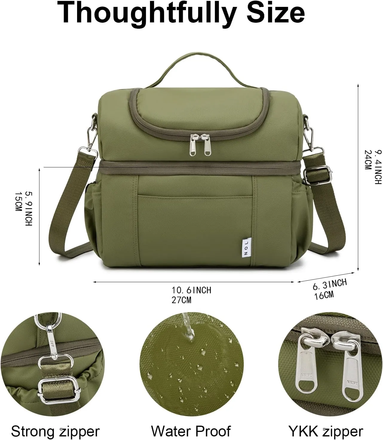 NOL Natural Organic Lifestyle Adult Lunch Box Insulated Lunch Bag Large Dual Compartment Lunch Bag Coolers Lightweight Nylon Waterproof Lunch Box for Work, Picnic, Travel, Outdoors, Amy green