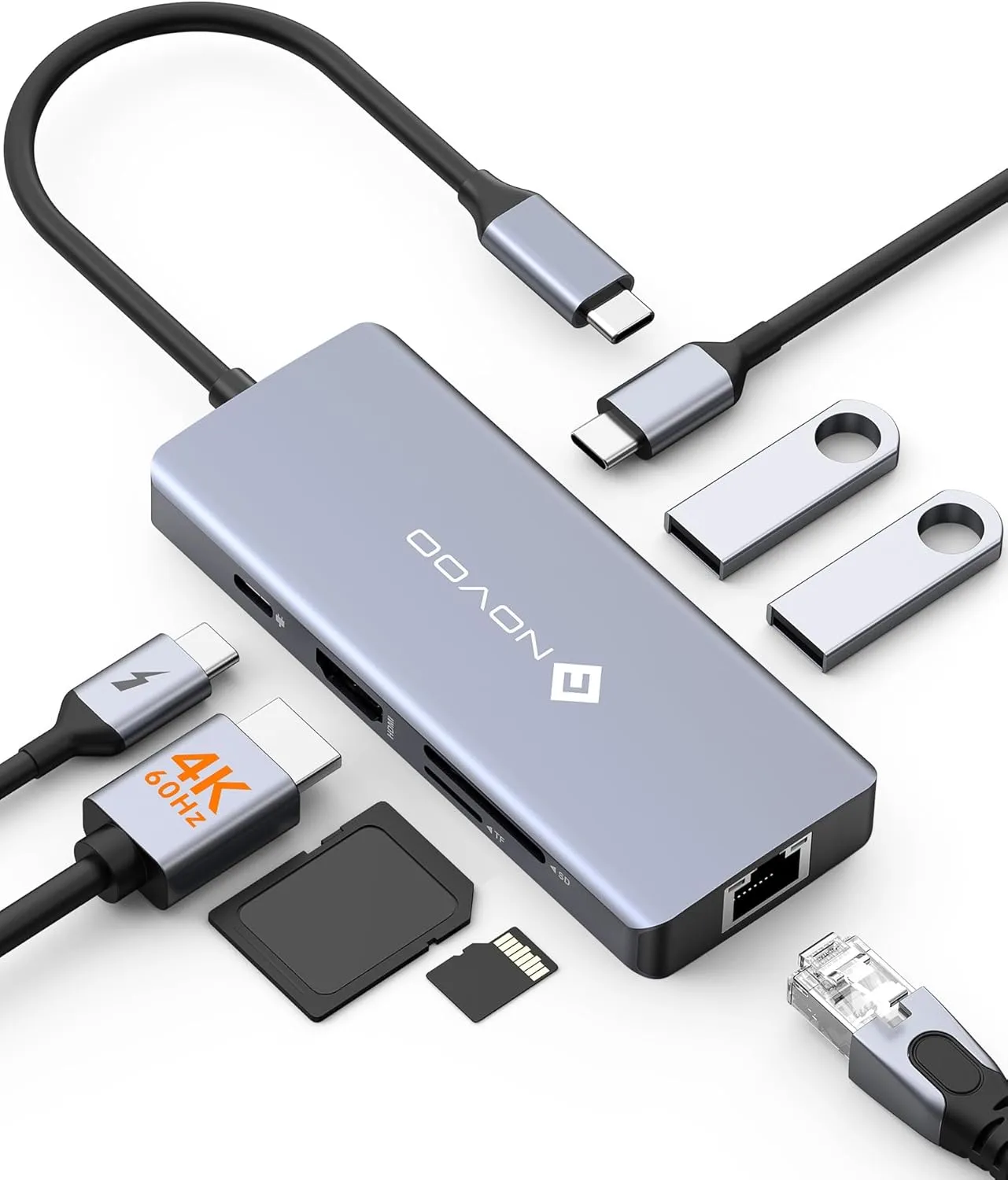 NOVOO USB C Hub 4K@60Hz HDMI Gigabit Ethernet 8-in-1 USB C Adapter Multiport with HDMI,PD 100W,2 USB-A, 1 USB-C Dataport,SD&TF Docking Station for iPhone 15,MacBook Air/Pro M2, Dell, XPS 15,HP, Lenovo
