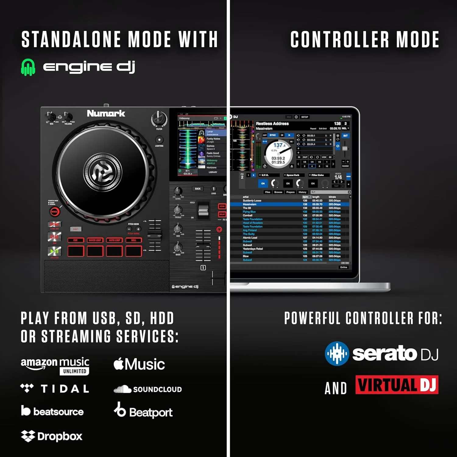 Numark Mixstream Pro  DJ Controller with Stem Separation, 2 Decks, Wi-Fi Streaming, Mixer, 7" Touchscreen, Speakers, works with Serato and Virtual DJ