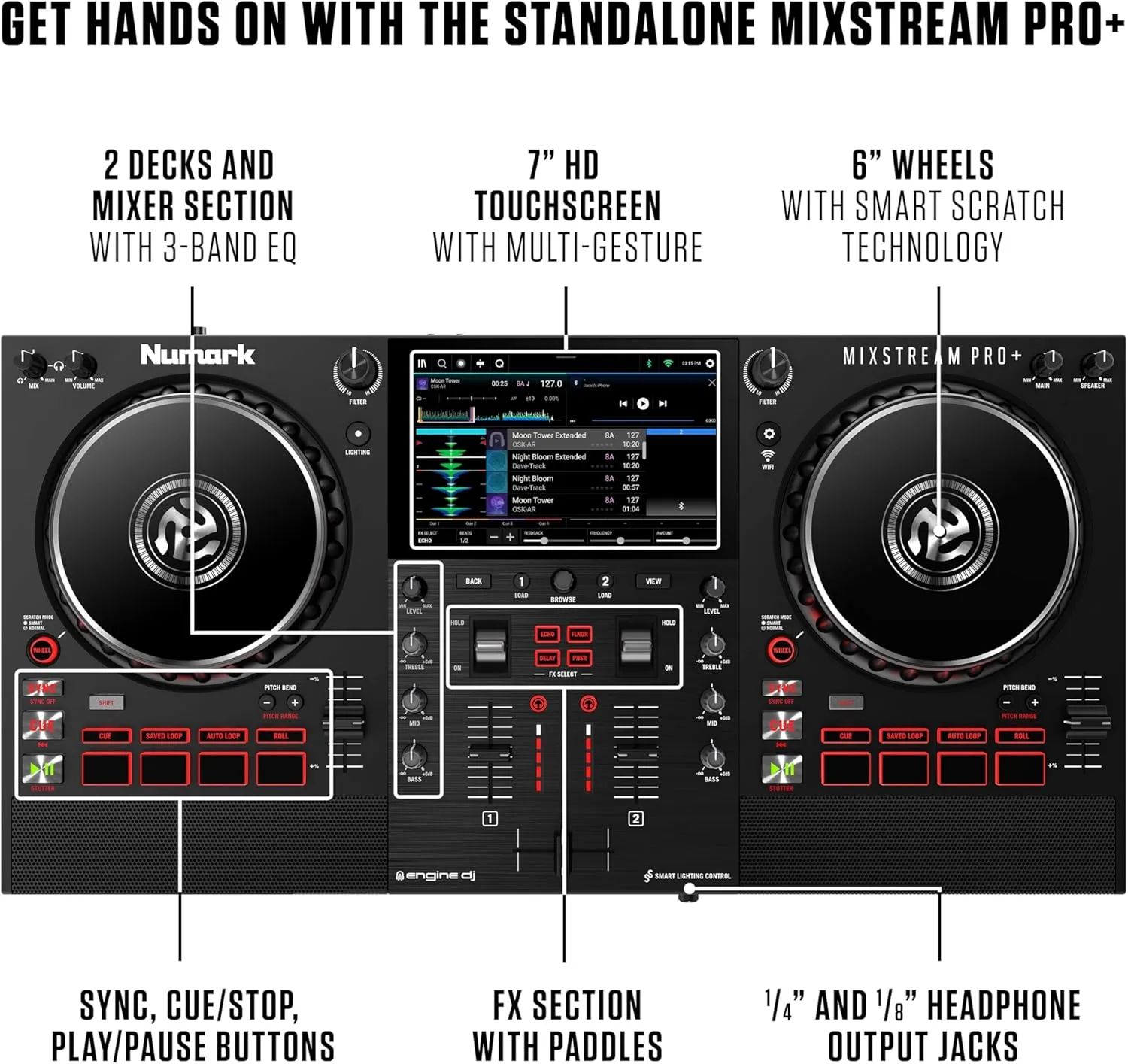Numark Mixstream Pro  DJ Controller with Stem Separation, 2 Decks, Wi-Fi Streaming, Mixer, 7" Touchscreen, Speakers, works with Serato and Virtual DJ