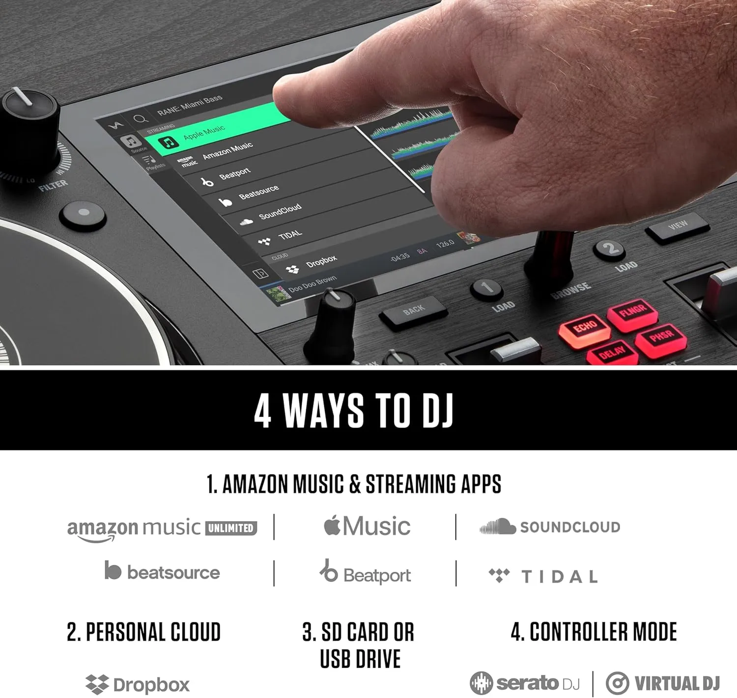 Numark Mixstream Pro  DJ Controller with Stem Separation, 2 Decks, Wi-Fi Streaming, Mixer, 7" Touchscreen, Speakers, works with Serato and Virtual DJ