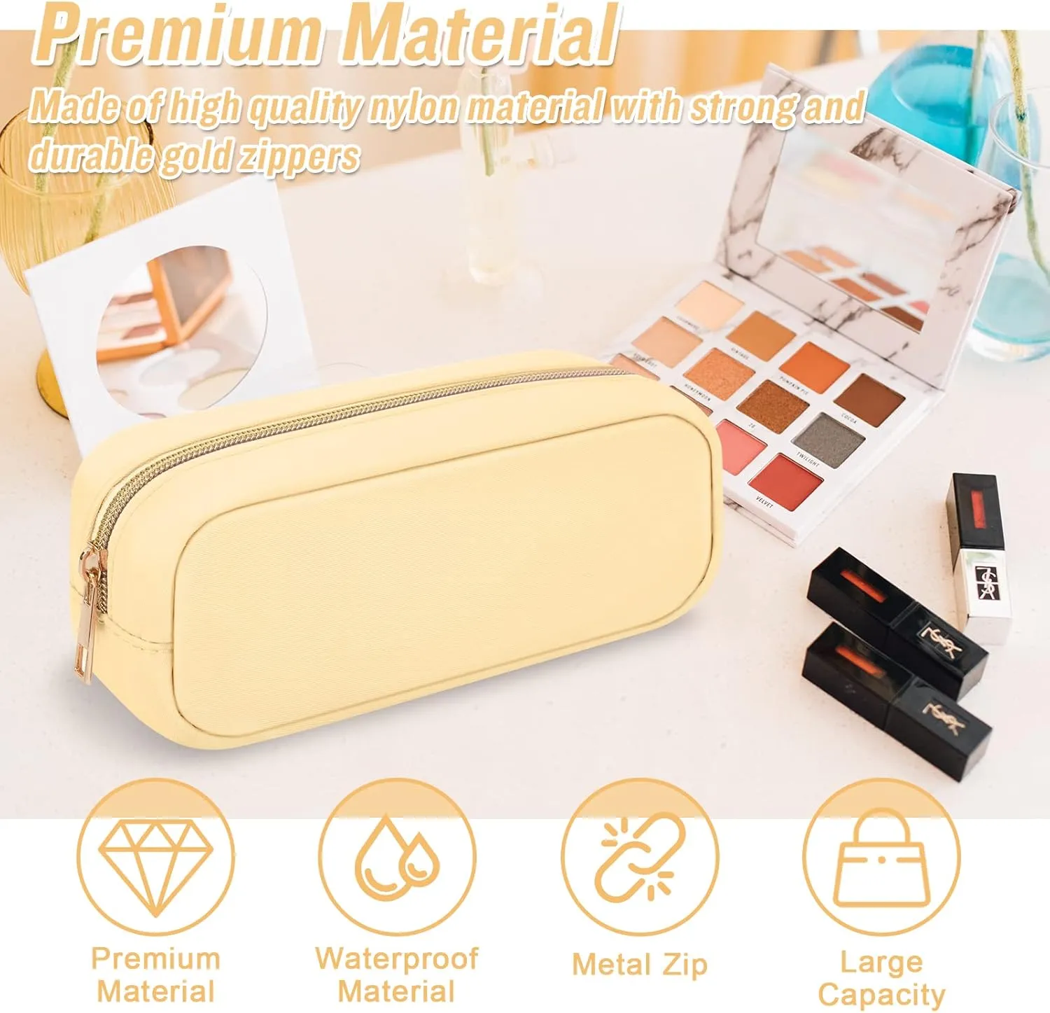 Nylon Small Makeup Bag Slim Cosmetic Zipper Pouch, Preppy Makeup Brush Bag Compact Make up Pouch Toiletry Bag, Waterproof Zipper Purse Travel Coin Pouch Storage Bag for Women Girls Teens(Beige)