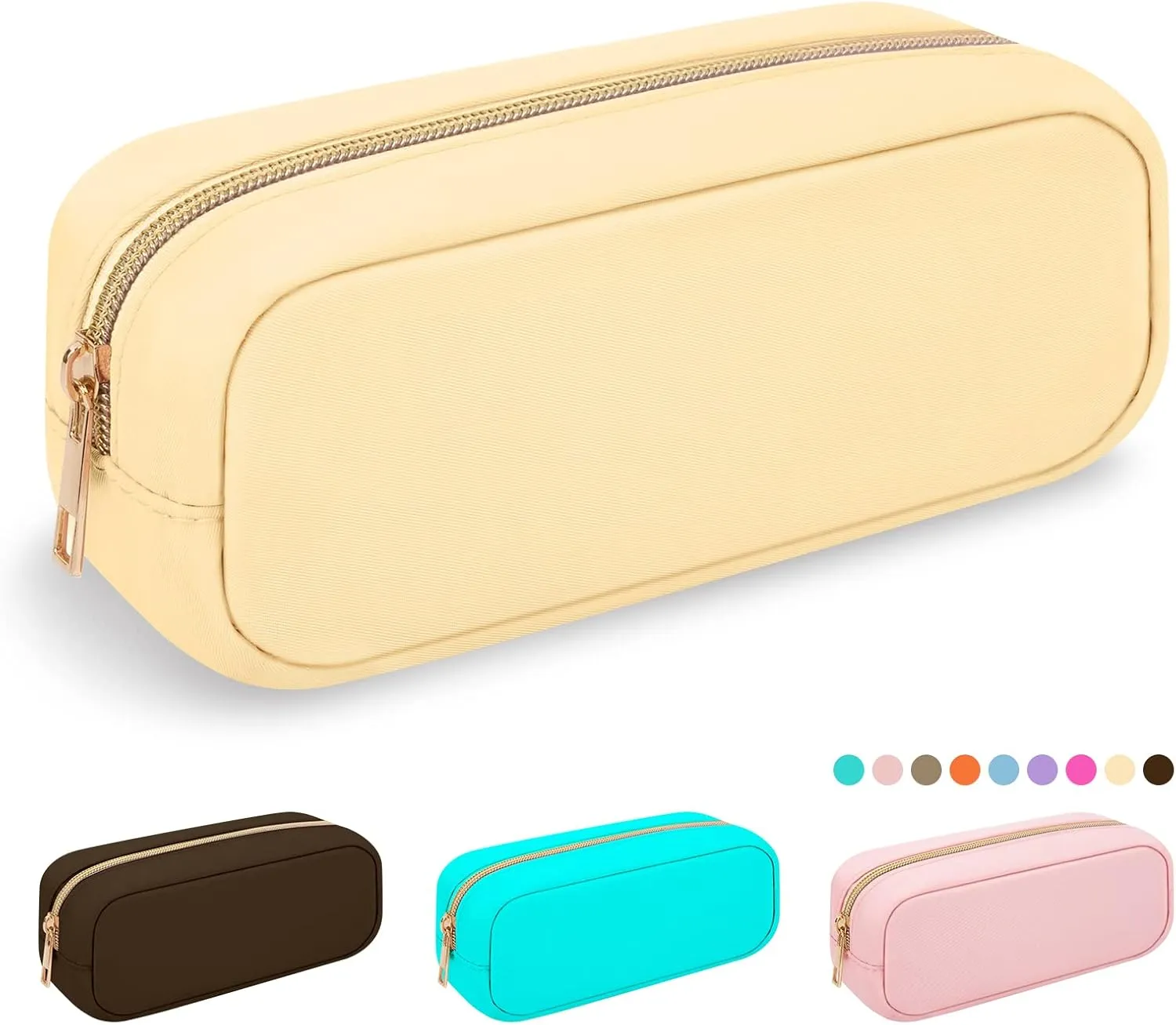 Nylon Small Makeup Bag Slim Cosmetic Zipper Pouch, Preppy Makeup Brush Bag Compact Make up Pouch Toiletry Bag, Waterproof Zipper Purse Travel Coin Pouch Storage Bag for Women Girls Teens(Beige)