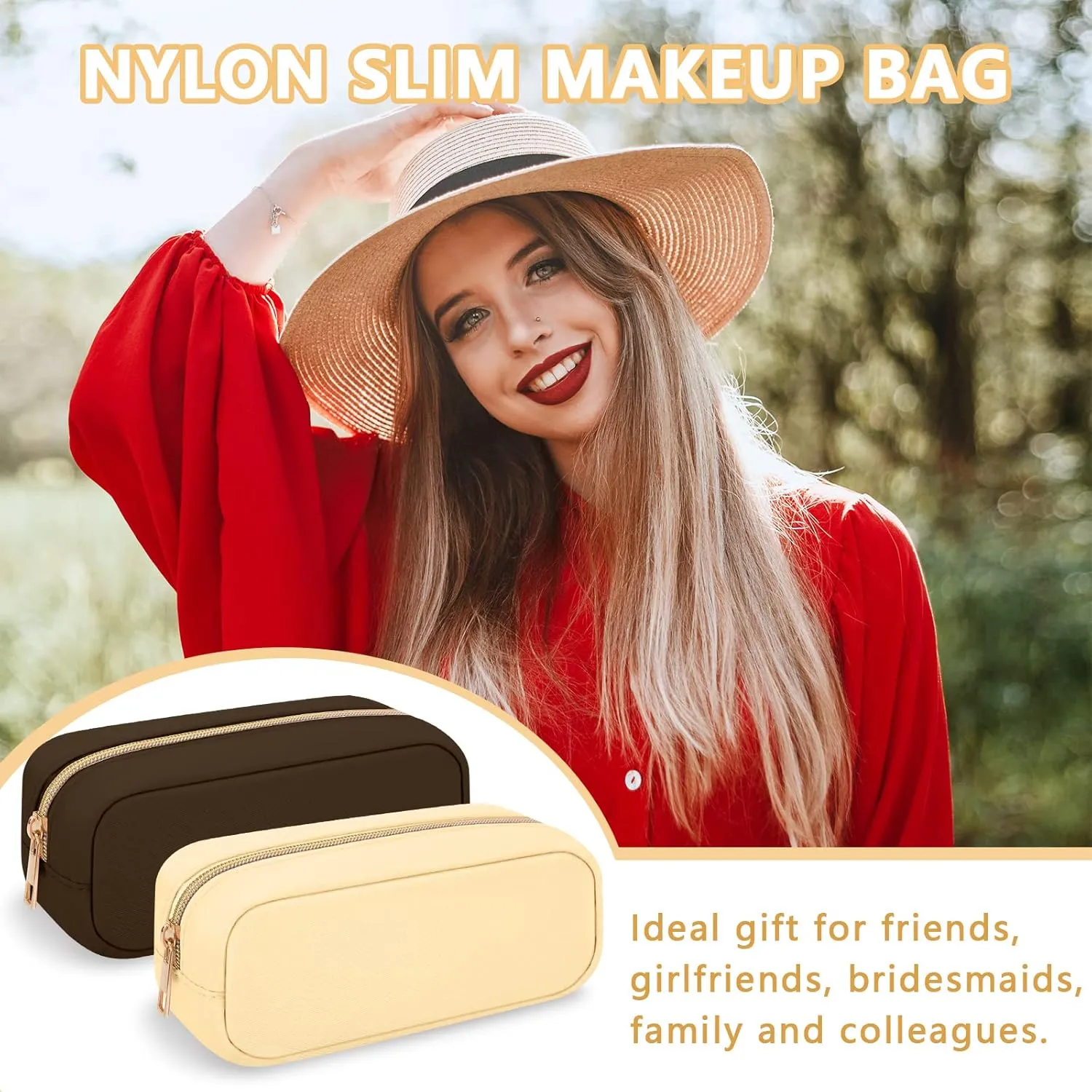 Nylon Small Makeup Bag Slim Cosmetic Zipper Pouch, Preppy Makeup Brush Bag Compact Make up Pouch Toiletry Bag, Waterproof Zipper Purse Travel Coin Pouch Storage Bag for Women Girls Teens(Beige)