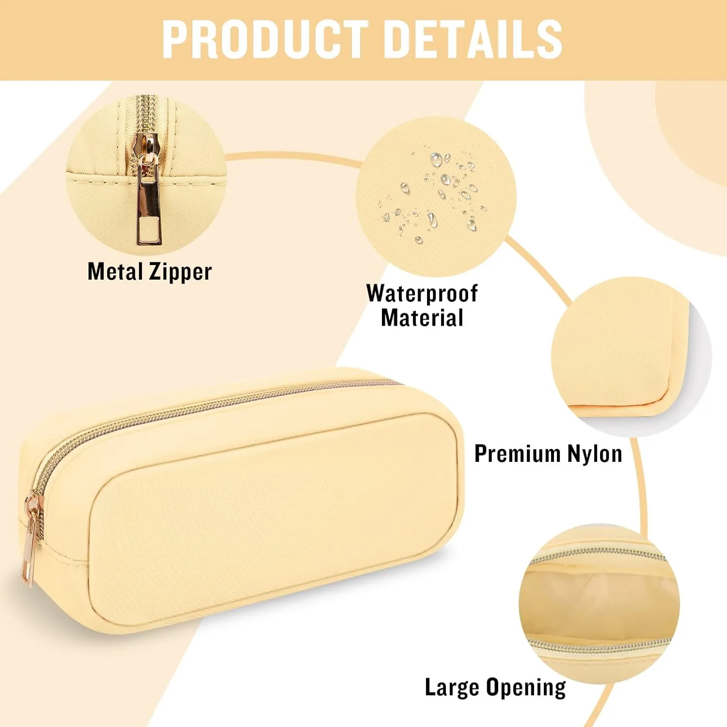 Nylon Small Makeup Bag Slim Cosmetic Zipper Pouch, Preppy Makeup Brush Bag Compact Make up Pouch Toiletry Bag, Waterproof Zipper Purse Travel Coin Pouch Storage Bag for Women Girls Teens(Beige)
