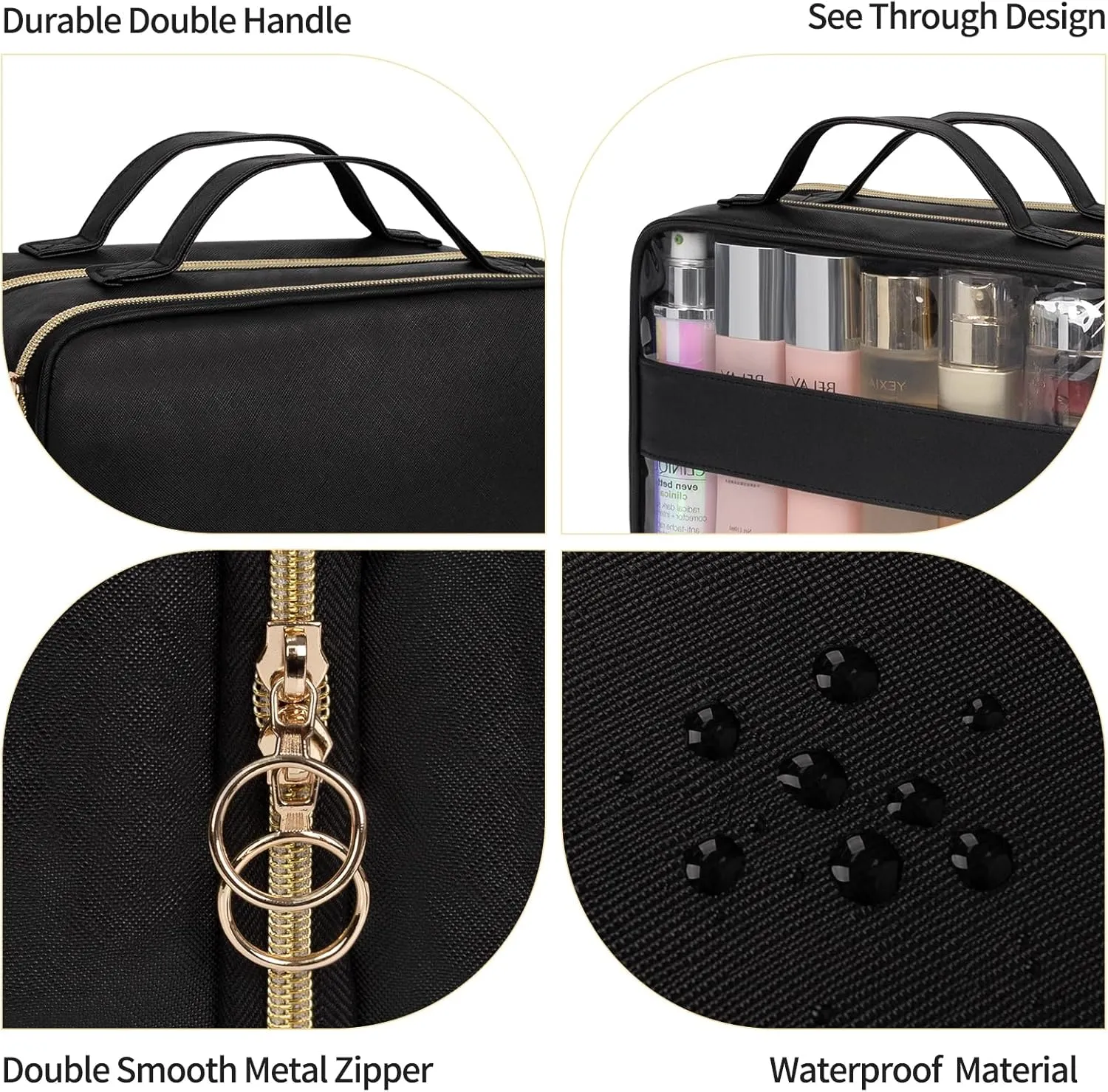 OCHEAL Makeup Bag Organizer, Double Layer Cosmetic Bag, Large Capacity Travel Toiletry Bag for Women Beauty Essentials, Multiple Compartments Makeup Case Organizer Zipper Pouch - Black